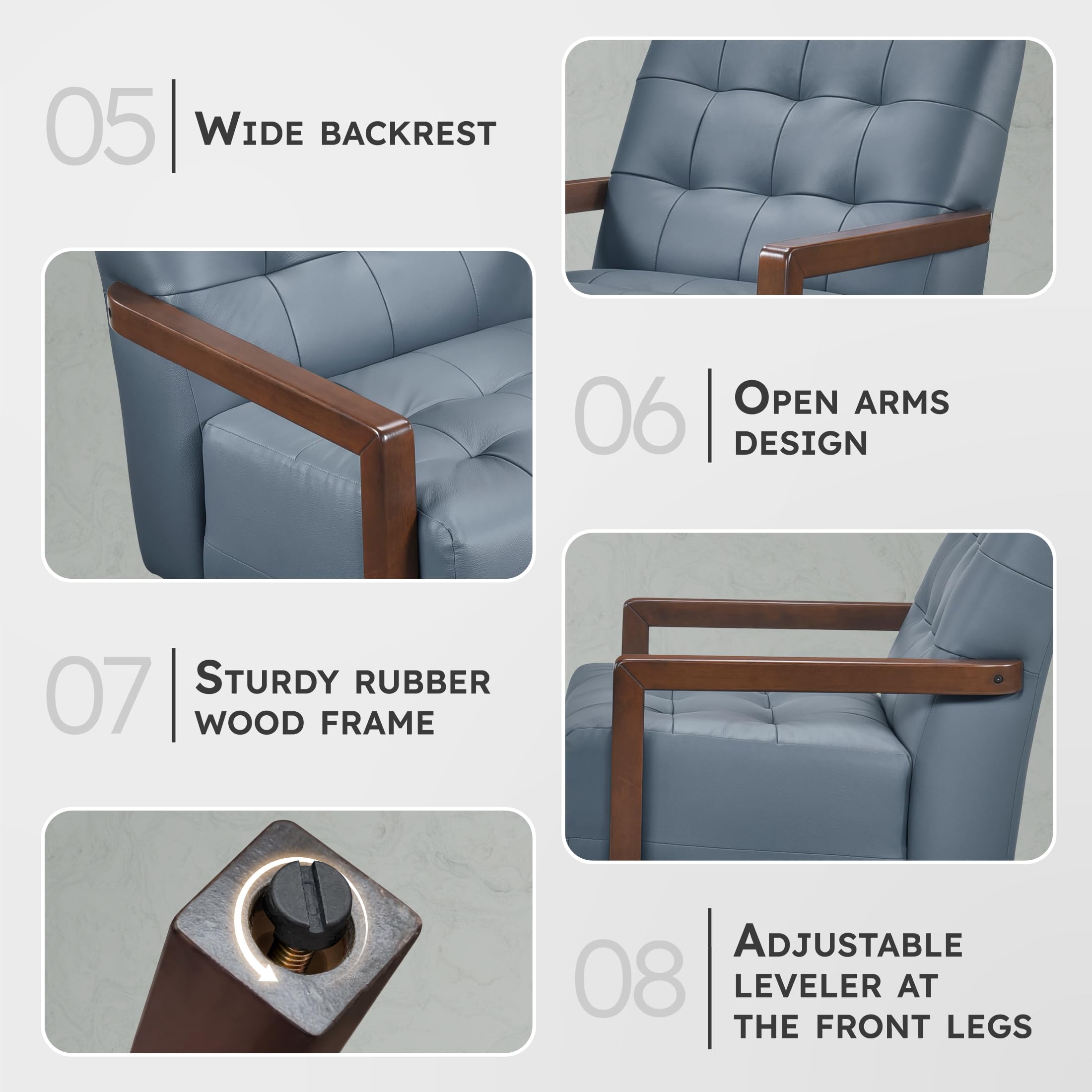 Lexicon Modern Accent Chair, Luxury Genuine Leather Match Living Room Chair with Tufted Cushions, Solid Wood Frame and Arm Rest, Comfy Upholstered Single Seat for Bedroom/Reading/Office, Blue - Image 4