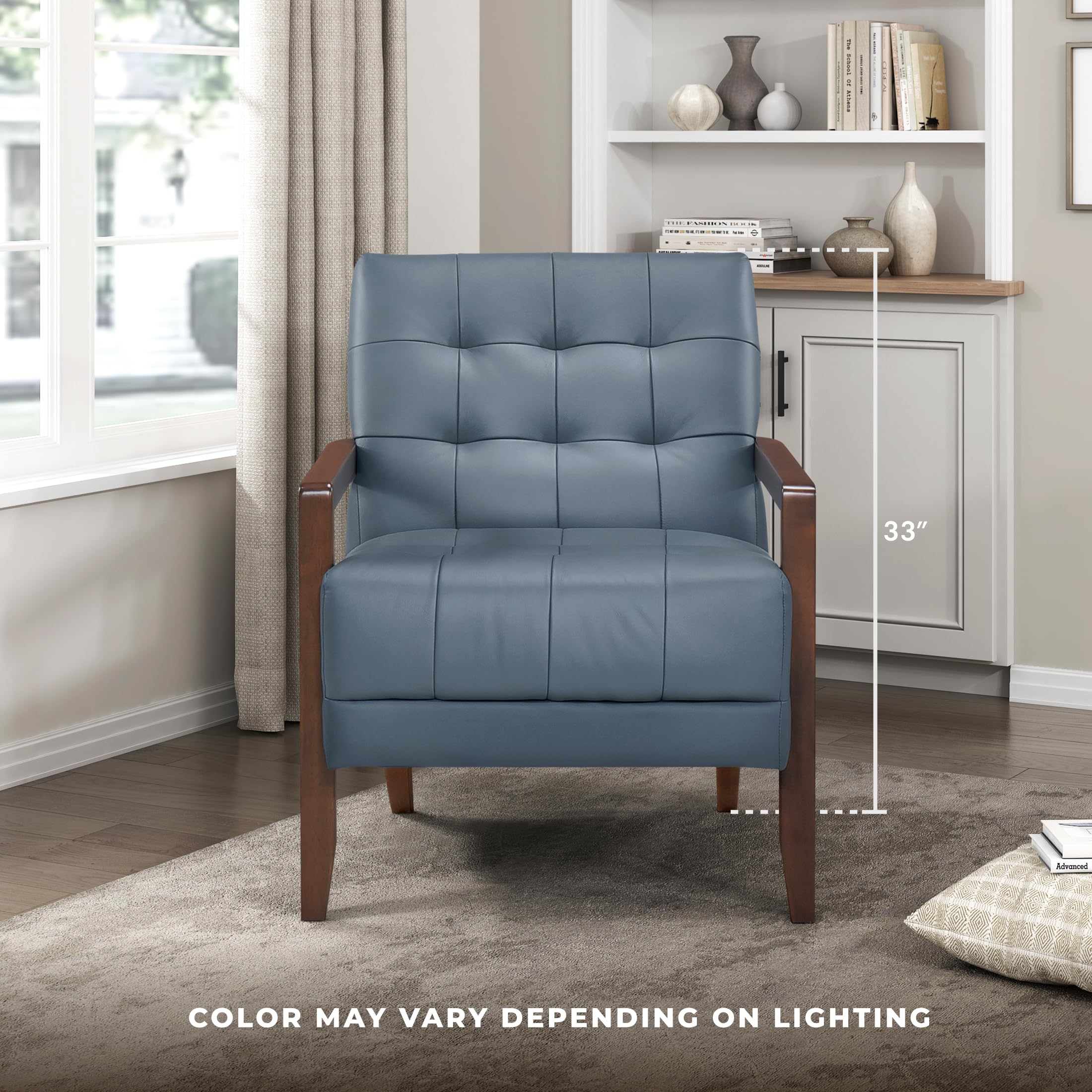 Lexicon Modern Accent Chair, Luxury Genuine Leather Match Living Room Chair with Tufted Cushions, Solid Wood Frame and Arm Rest, Comfy Upholstered Single Seat for Bedroom/Reading/Office, Blue - Image 5