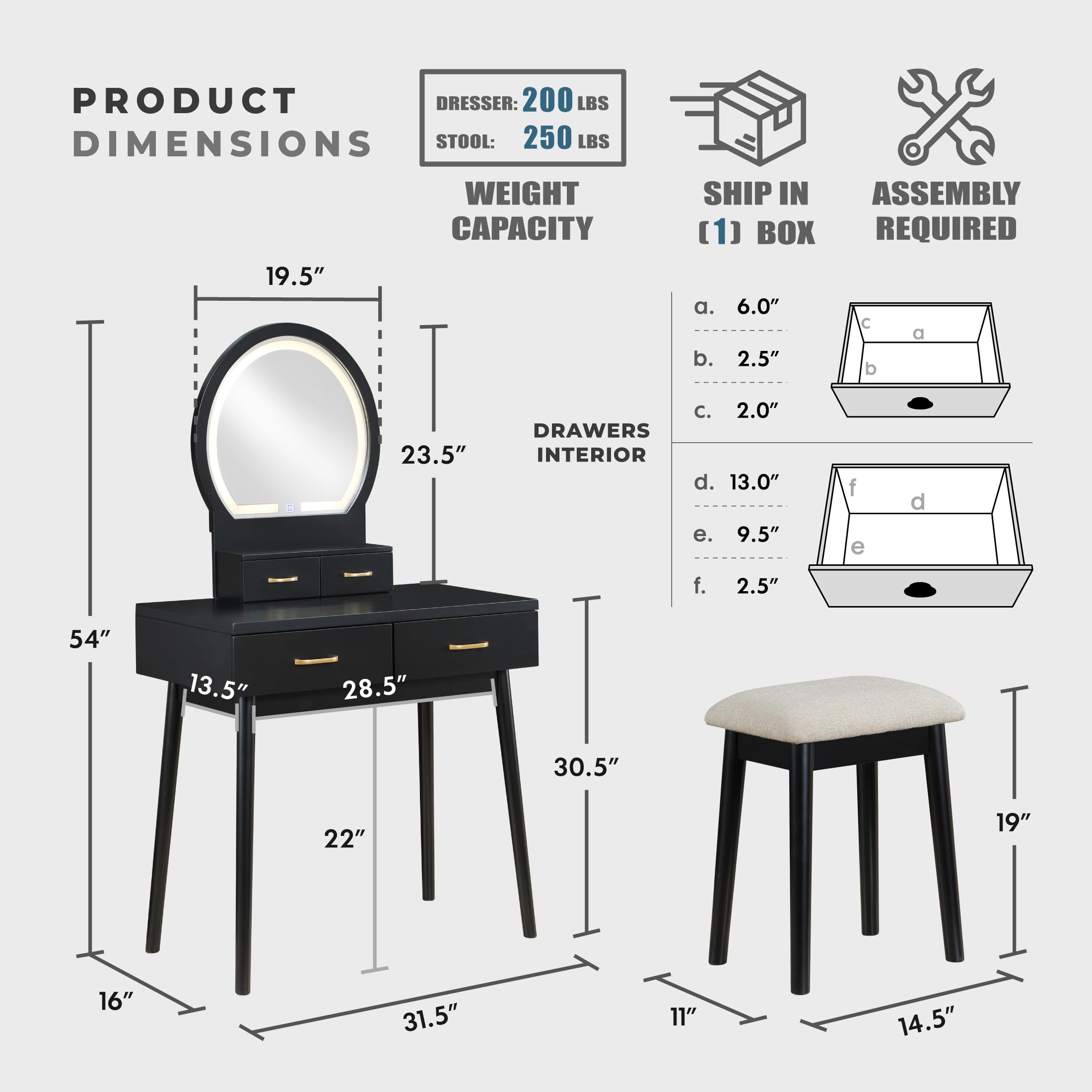 Lexicon Modern Dressing Table with Mirror, LED Lights, 3 Lighting Modes, Small Makeup Dressing Table Set with 4 Drawers and Cushioned Stool, Adjustable Lighting for Bedroom, Black - Image 3