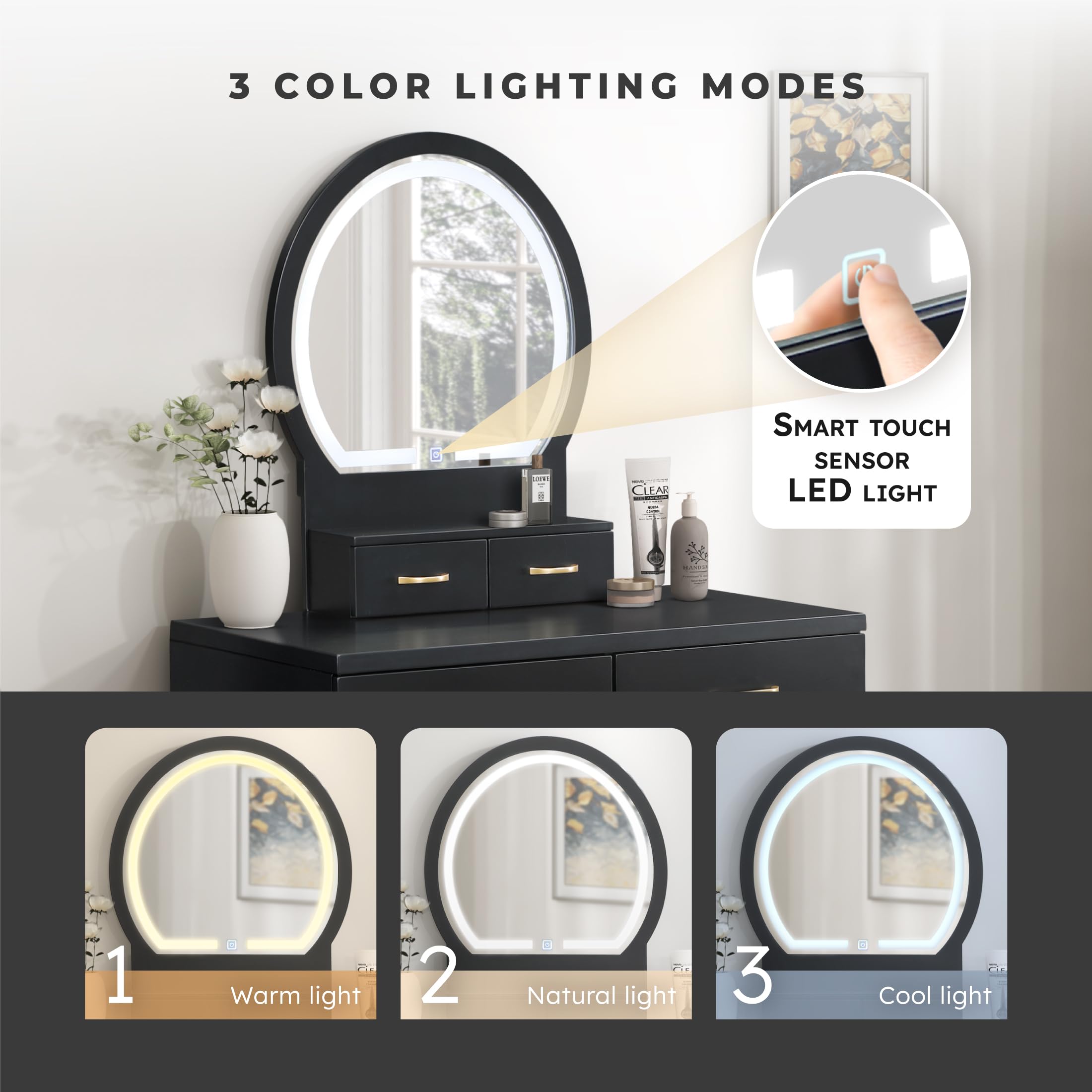 Lexicon Modern Dressing Table with Mirror, LED Lights, 3 Lighting Modes, Small Makeup Dressing Table Set with 4 Drawers and Cushioned Stool, Adjustable Lighting for Bedroom, Black - Image 4