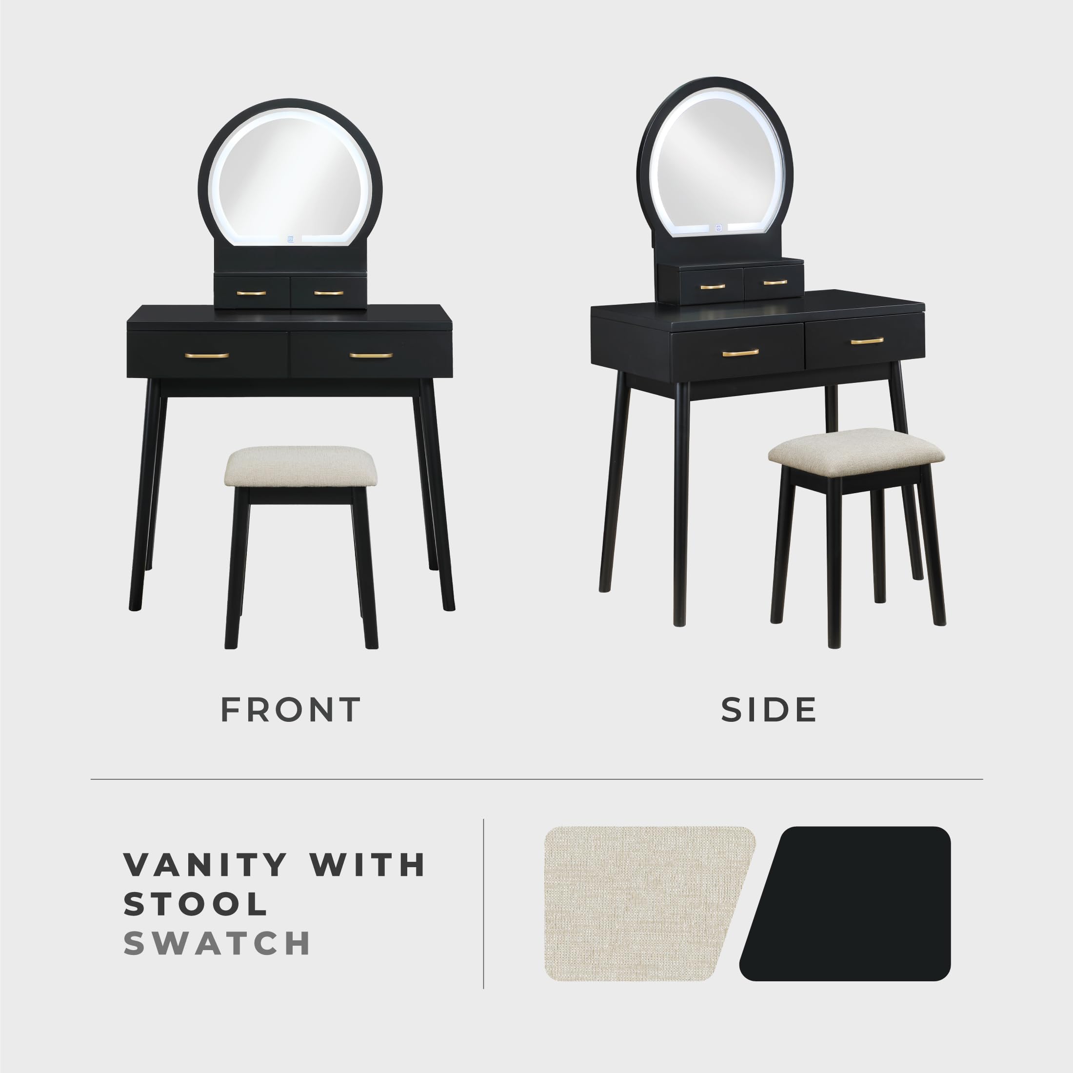 Lexicon Modern Dressing Table with Mirror, LED Lights, 3 Lighting Modes, Small Makeup Dressing Table Set with 4 Drawers and Cushioned Stool, Adjustable Lighting for Bedroom, Black - Image 5