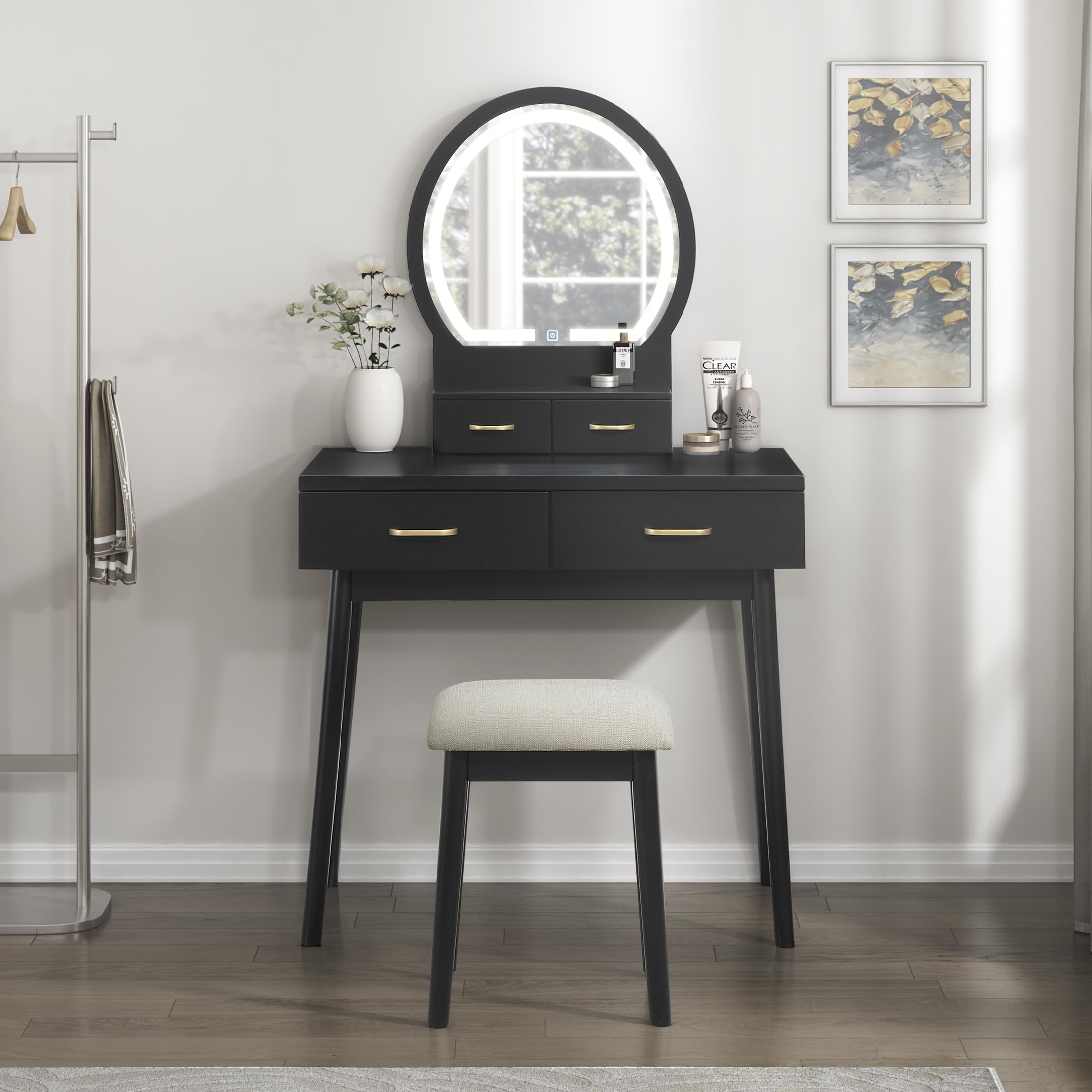 Lexicon Modern Dressing Table with Mirror, LED Lights, 3 Lighting Modes, Small Makeup Dressing Table Set with 4 Drawers and Cushioned Stool, Adjustable Lighting for Bedroom, Black - Image 6