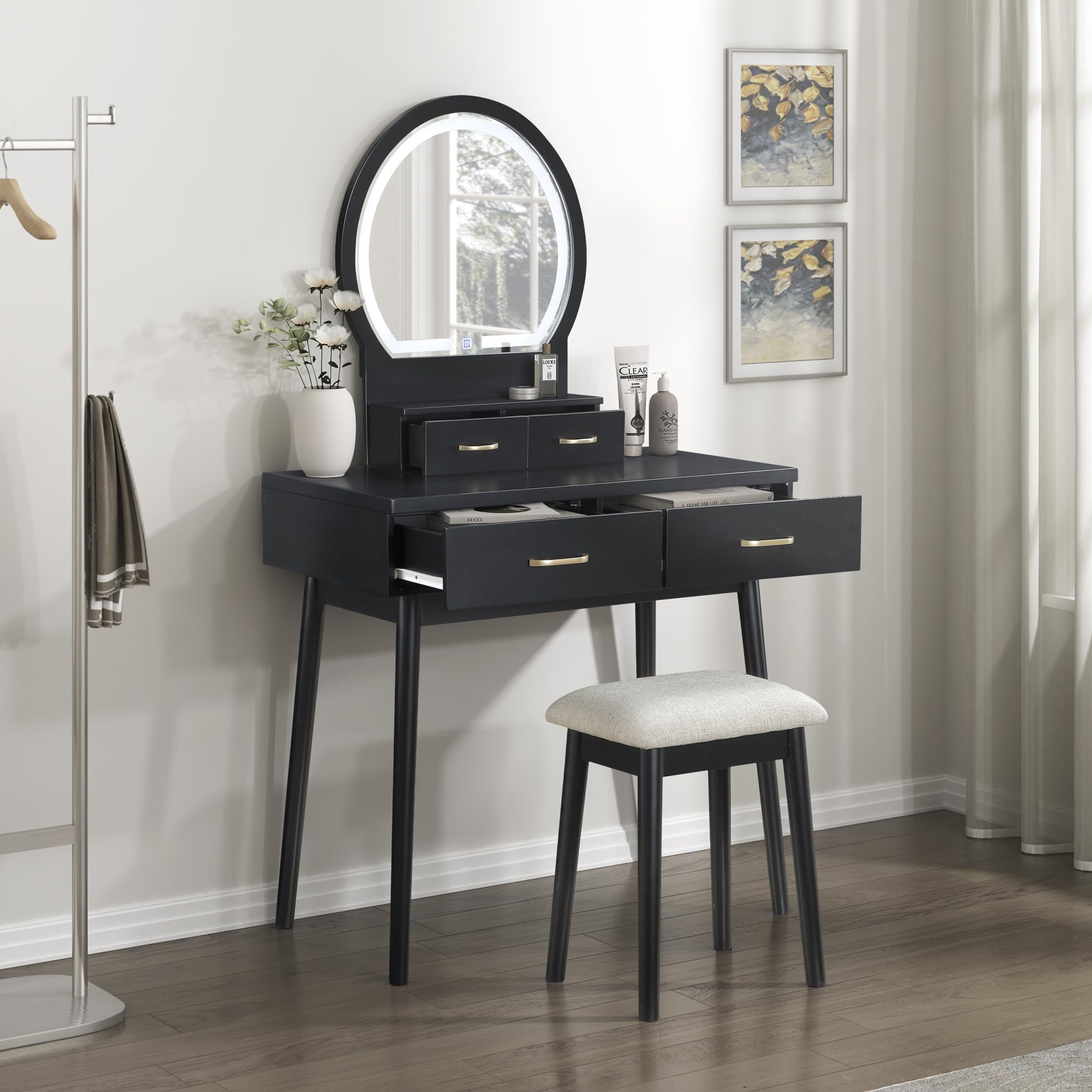 Lexicon Modern Dressing Table with Mirror, LED Lights, 3 Lighting Modes, Small Makeup Dressing Table Set with 4 Drawers and Cushioned Stool, Adjustable Lighting for Bedroom, Black - Image 7