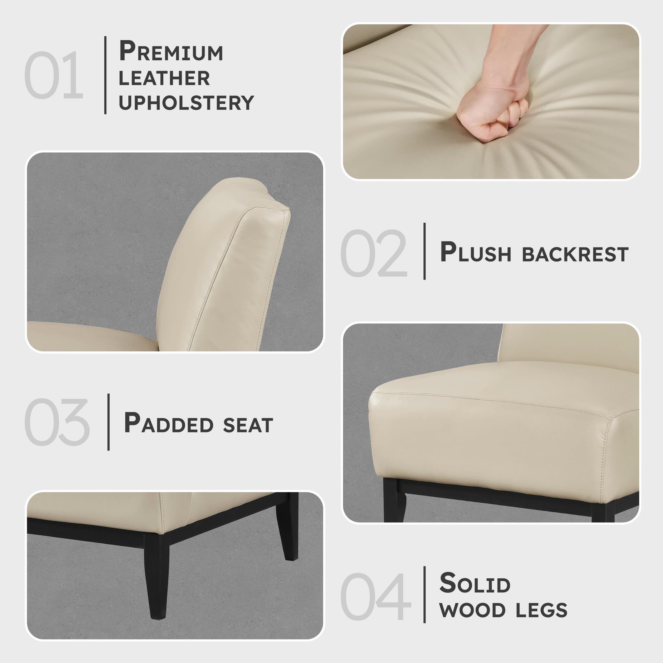 Lexicon Modern Living Room Leather Accent Chair, Luxury Genuine 100% Top Grain Leather Upholstered Armless Chair, Comfortable Seat, Black Solid Wood Legs for Bedroom/Office, Easy Assembly, Beige - Image 3