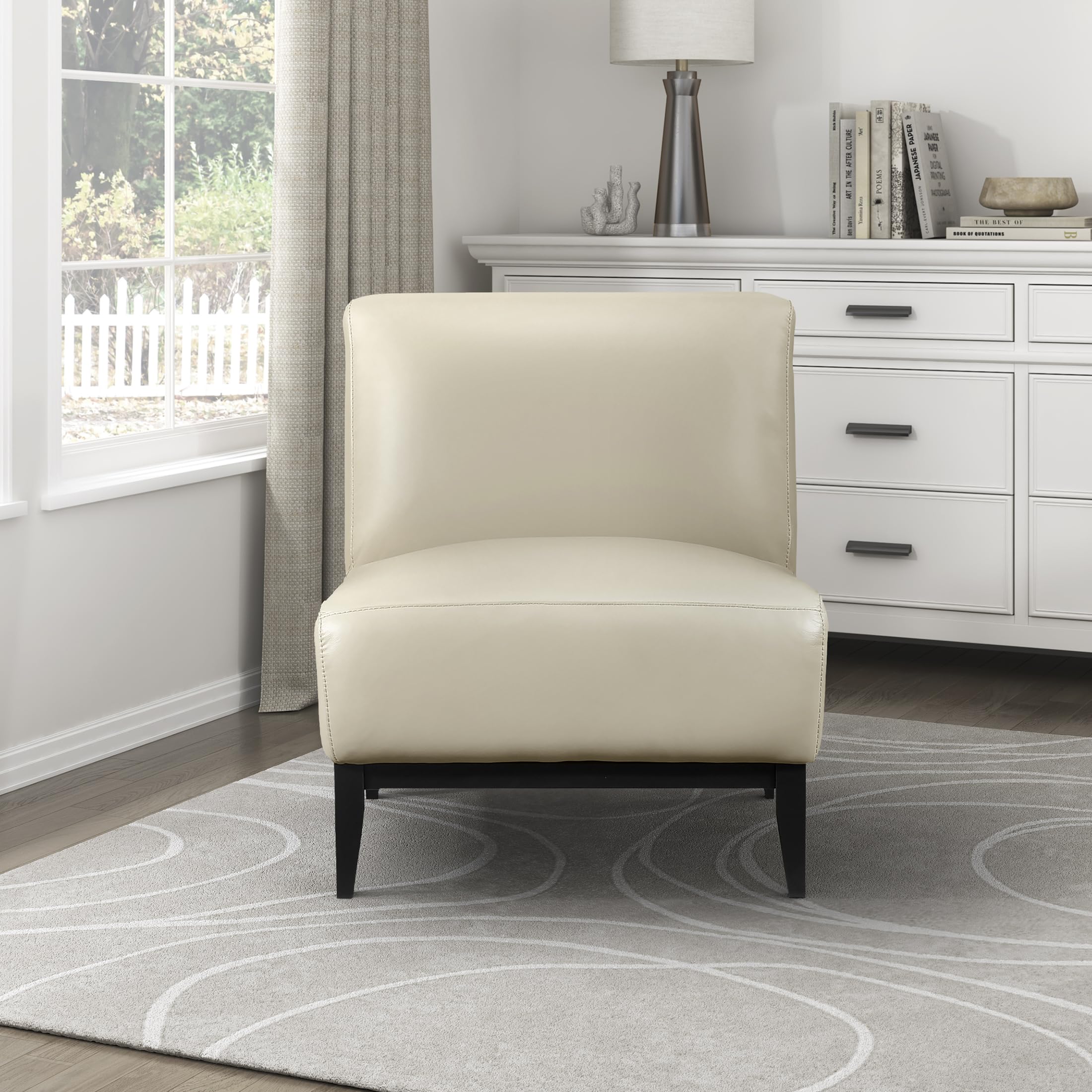 Lexicon Modern Living Room Leather Accent Chair, Luxury Genuine 100% Top Grain Leather Upholstered Armless Chair, Comfortable Seat, Black Solid Wood Legs for Bedroom/Office, Easy Assembly, Beige - Image 5