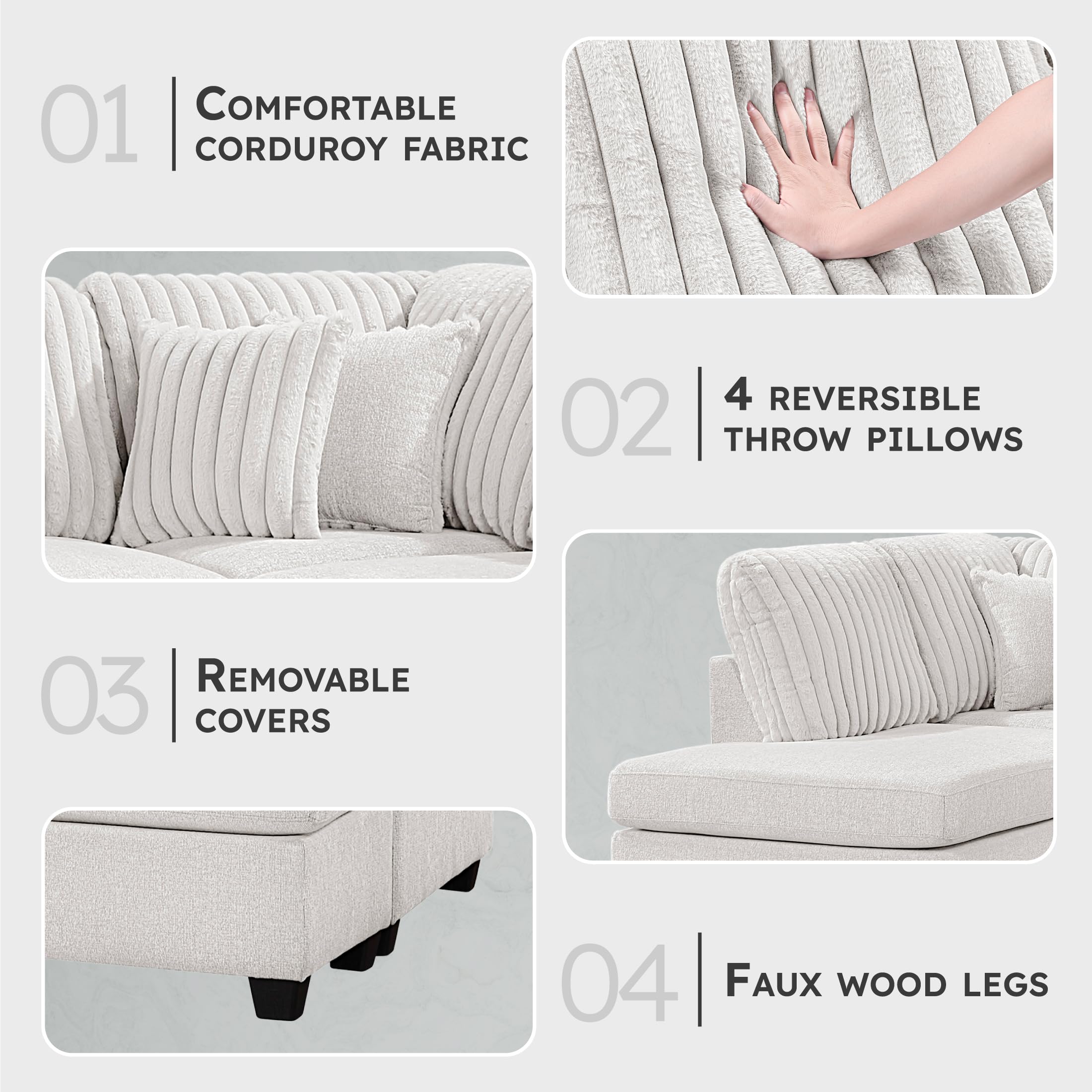 Lexicon Modern Sectional Sofa with Left Chaise, Chenille & Corduroy Upholstery, Reversible Cushions, Removable Covers, 4 Pillows, U Shape Sectional Sofa for Living Room, Taupe - Image 3