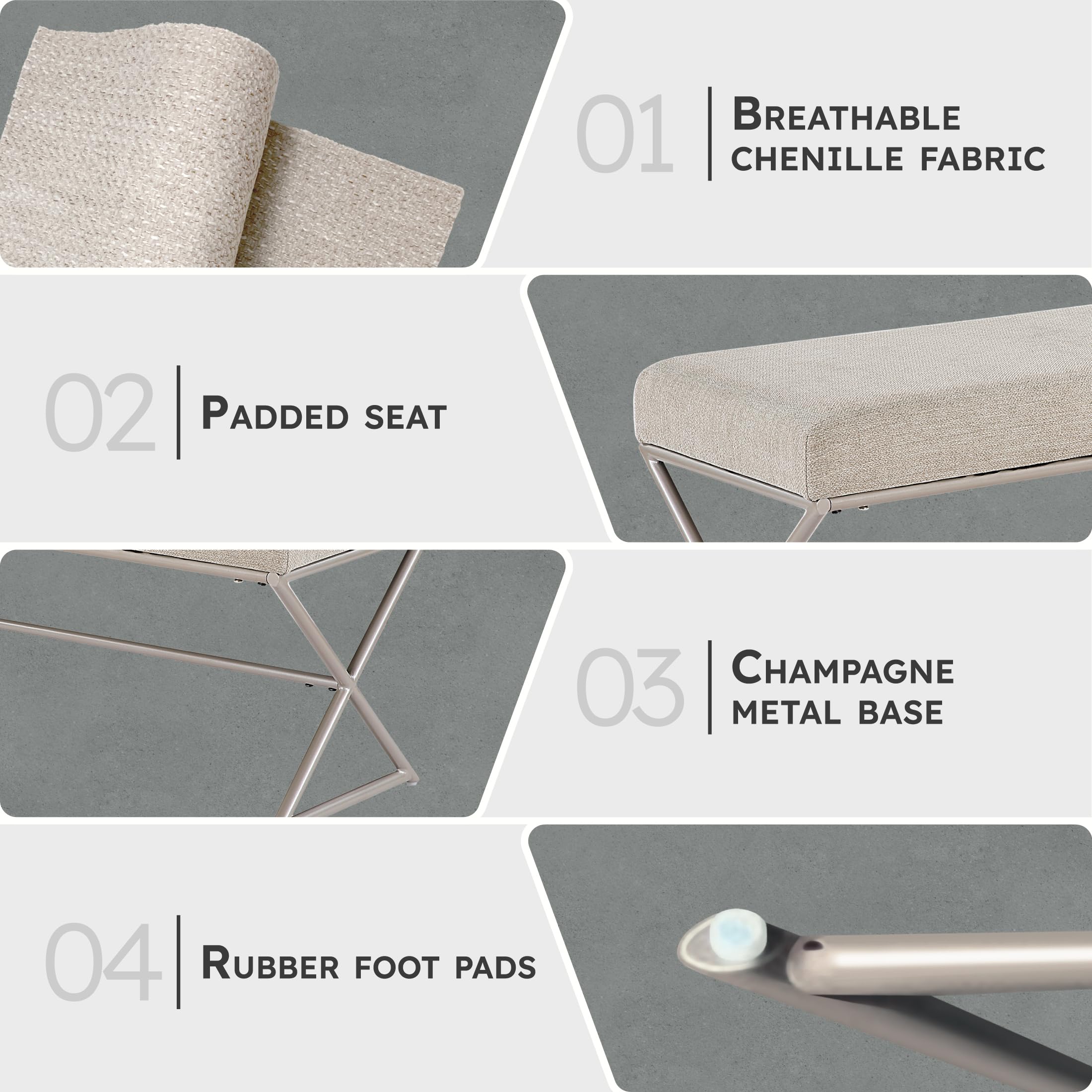 Lexicon Modern Upholstered Entryway Bench, Chenille Fabric Cushion Seat with Foam Padding and Champagne Iron Frame, Accent Bench for Bedroom/Hallway/Living Room, Taupe - Image 3