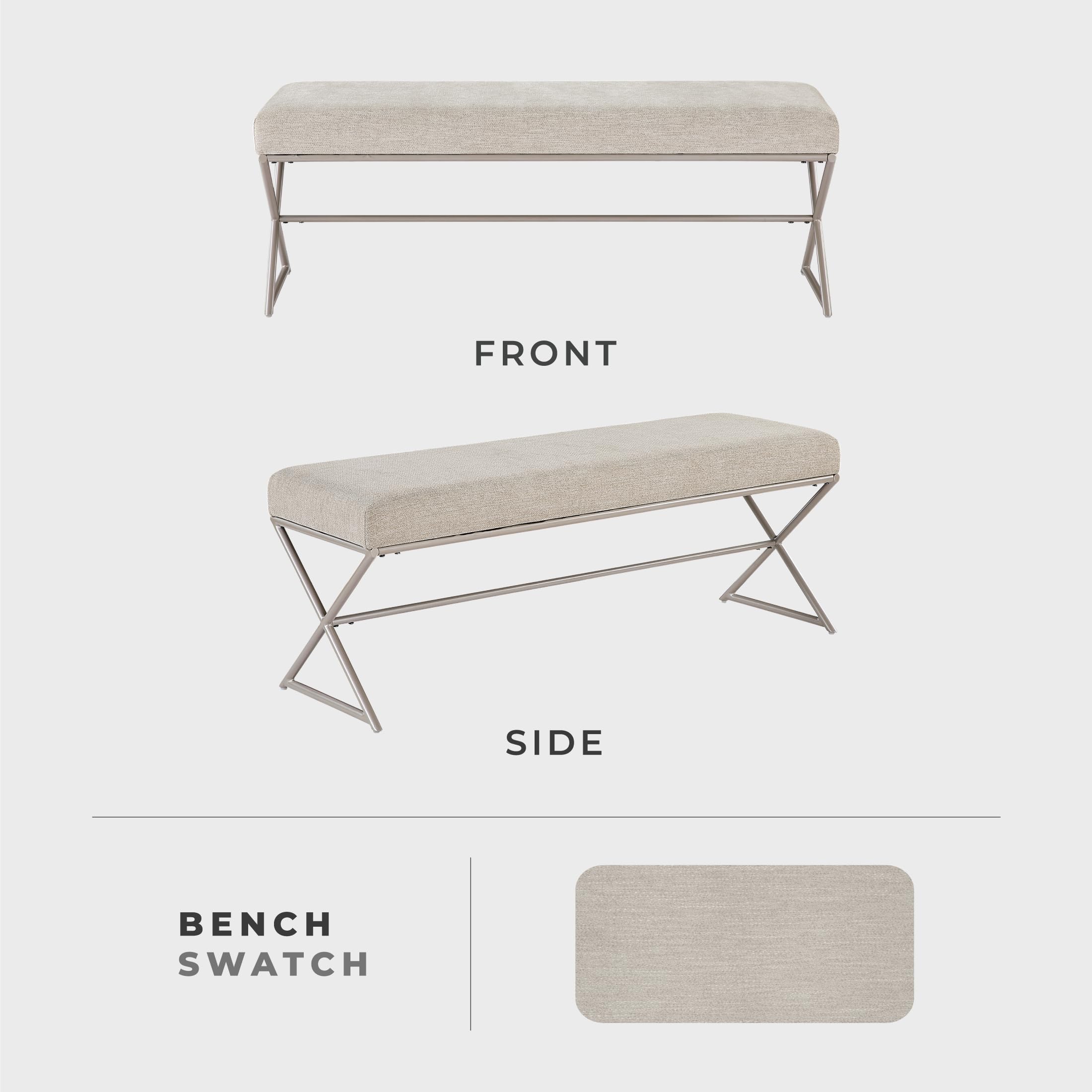 Lexicon Modern Upholstered Entryway Bench, Chenille Fabric Cushion Seat with Foam Padding and Champagne Iron Frame, Accent Bench for Bedroom/Hallway/Living Room, Taupe - Image 4