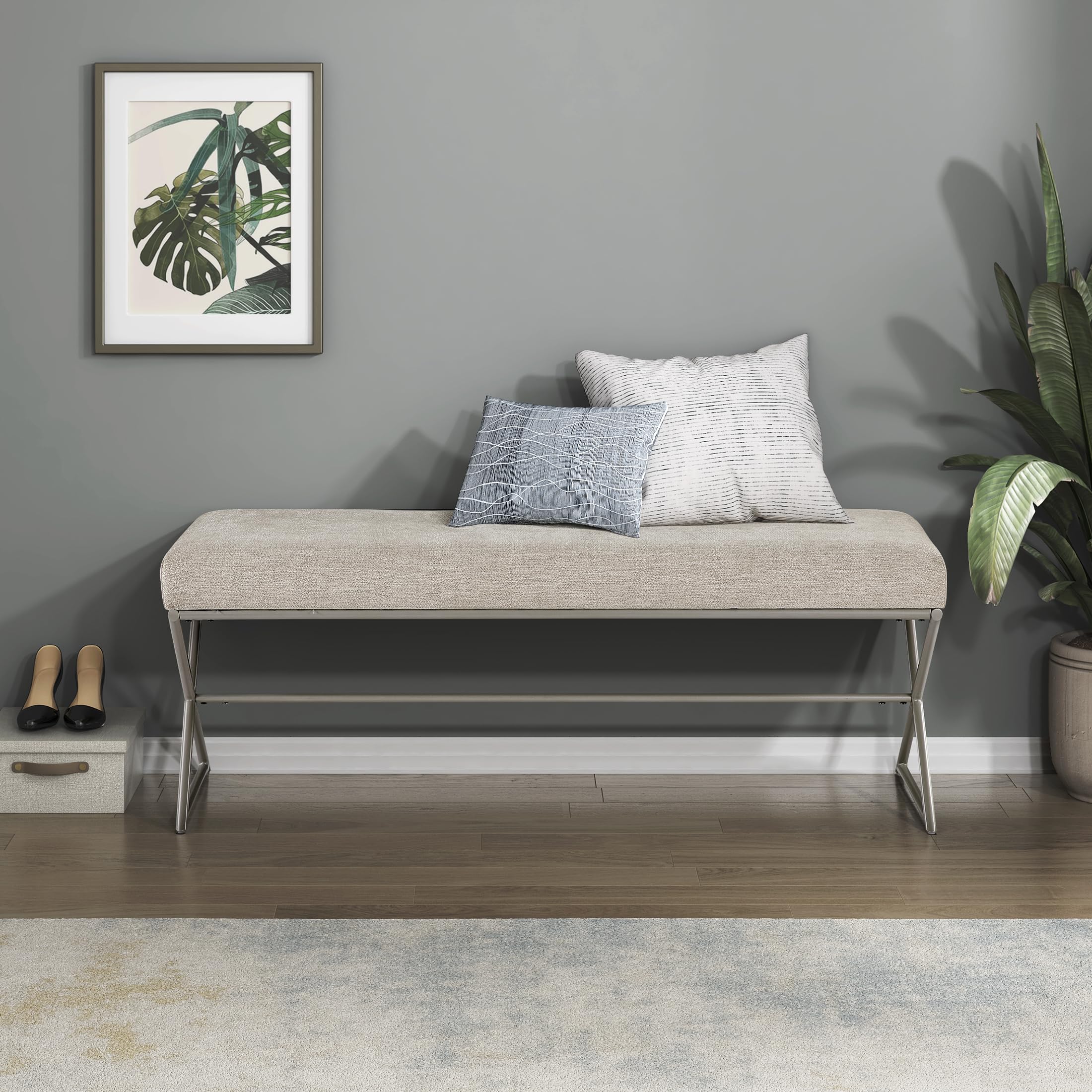 Lexicon Modern Upholstered Entryway Bench, Chenille Fabric Cushion Seat with Foam Padding and Champagne Iron Frame, Accent Bench for Bedroom/Hallway/Living Room, Taupe - Image 5