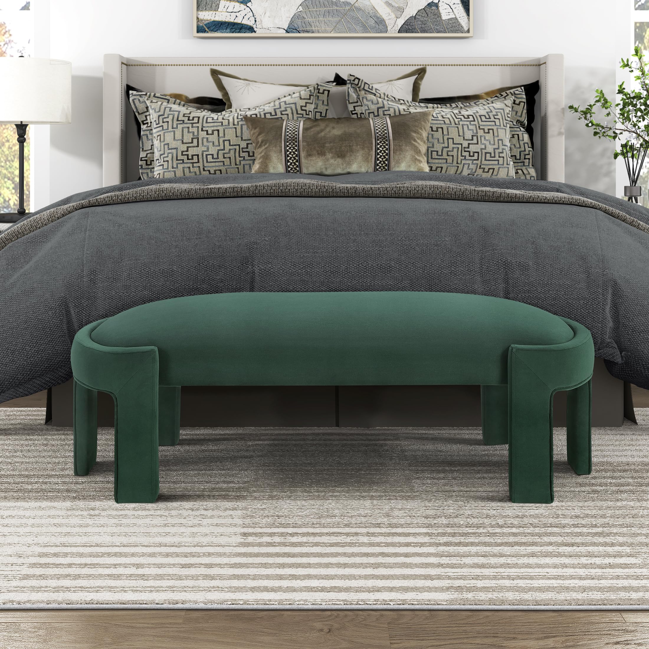 Lexicon Modern Velvet Upholstered Accent Bench, Entryway Bench, Curved Seat with High Density Foam Cushioning, for Bedroom, Hallway and Living Room, Assembly Required, Green - Image 5