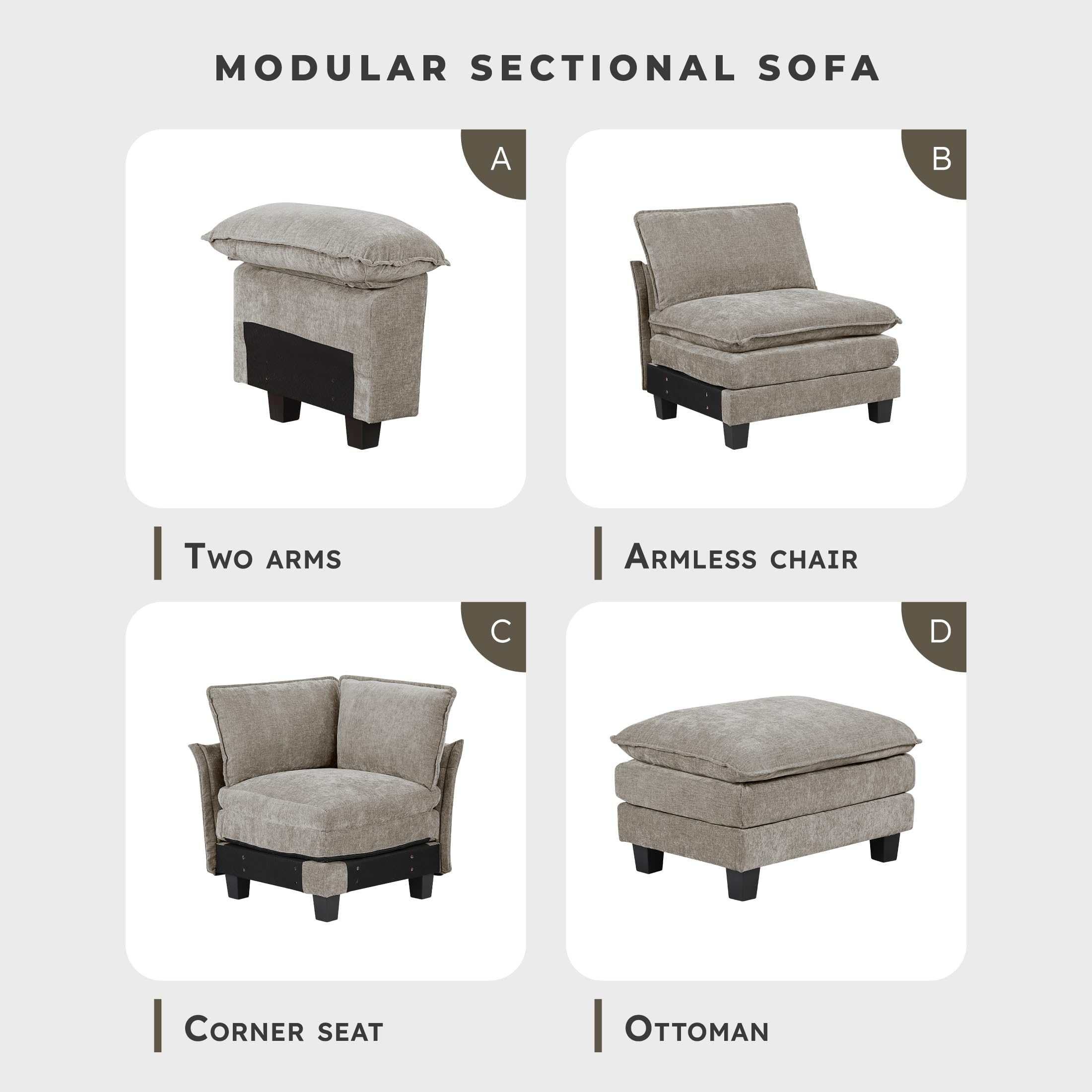 Lexicon Modular Sectional Sofa, Module for Sectional Couch, 2 Arms with Adjustable Pillow Top Set, Left and Right Sofa Arm, Soft Upholstery, Durable Frame, Customizable Comfort, Chenille Dark Pewter - Image 6