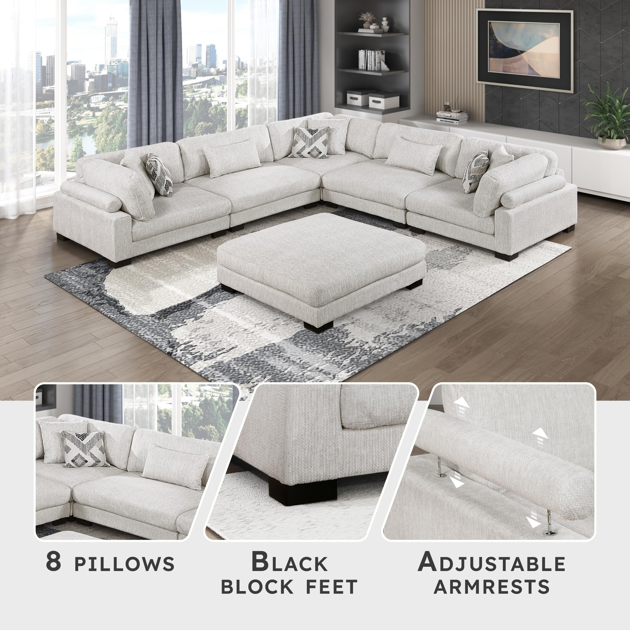Lexicon Modular Sectional Sofa, Textured Microfiber Oversized Sectional Sofa, 8 Pillows, Adjustable Back and Armrests, Removable Back Cushion Cover, L Shape Couch with Ottoman, 5 Seater, Beige - Image 5