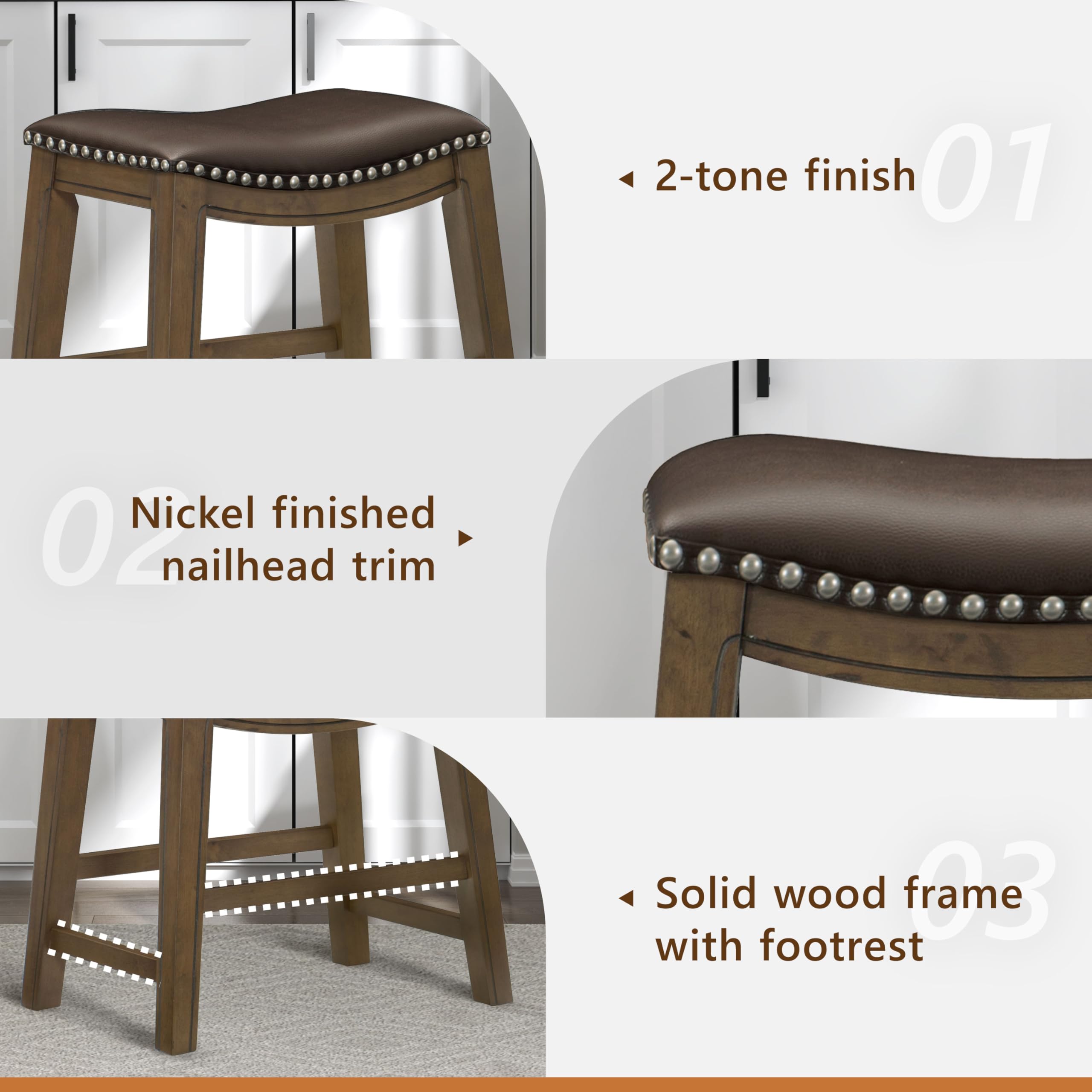 Lexicon Ordway Solid Wood Dining Height Stools - Saddle Table Height Stools for Transitional Dining Versatile Kitchen Seating Options, Perfect for Casual Entertaining Spaces, 19" SH, Brown - Image 5