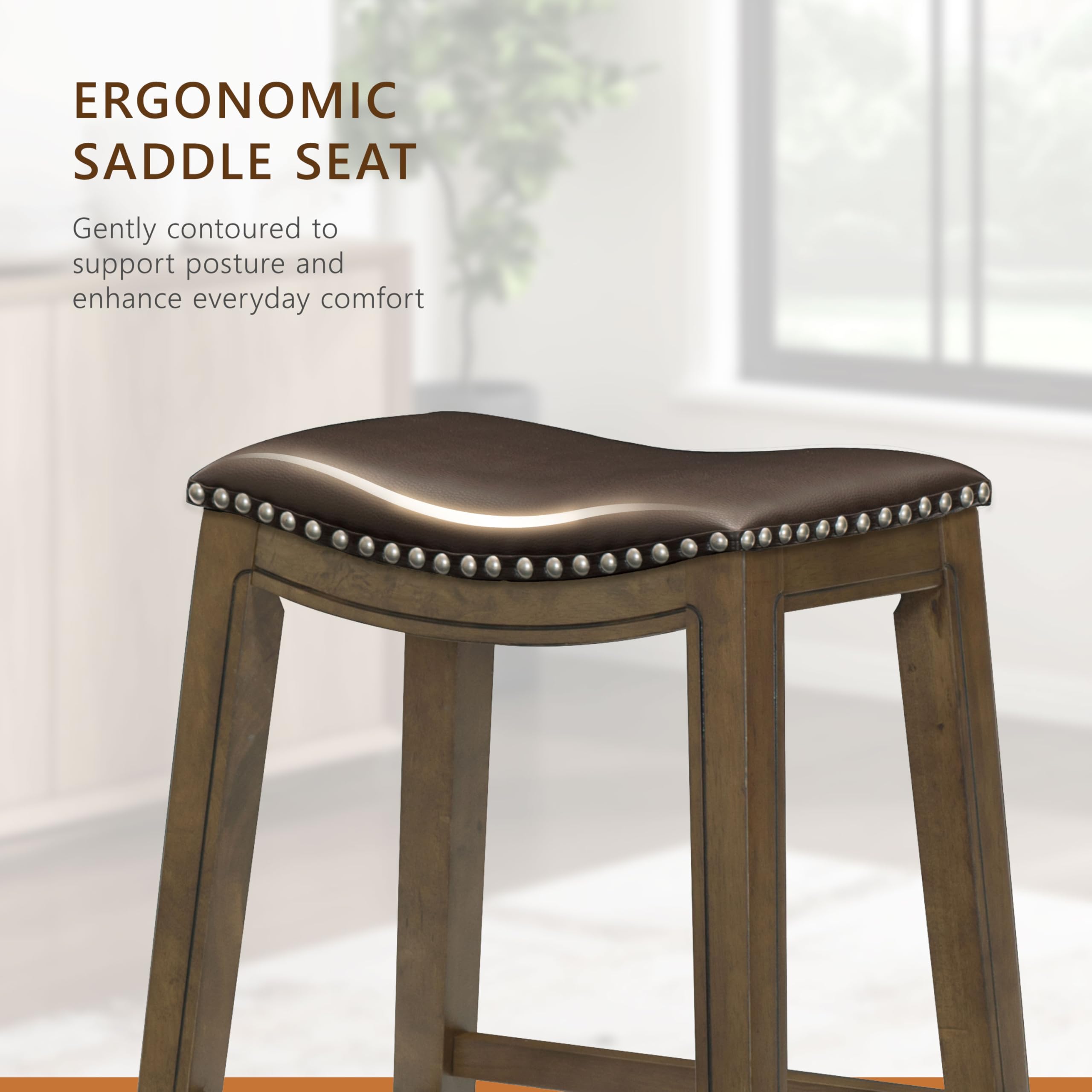 Lexicon Ordway Solid Wood Dining Height Stools - Saddle Table Height Stools for Transitional Dining Versatile Kitchen Seating Options, Perfect for Casual Entertaining Spaces, 19" SH, Brown - Image 6