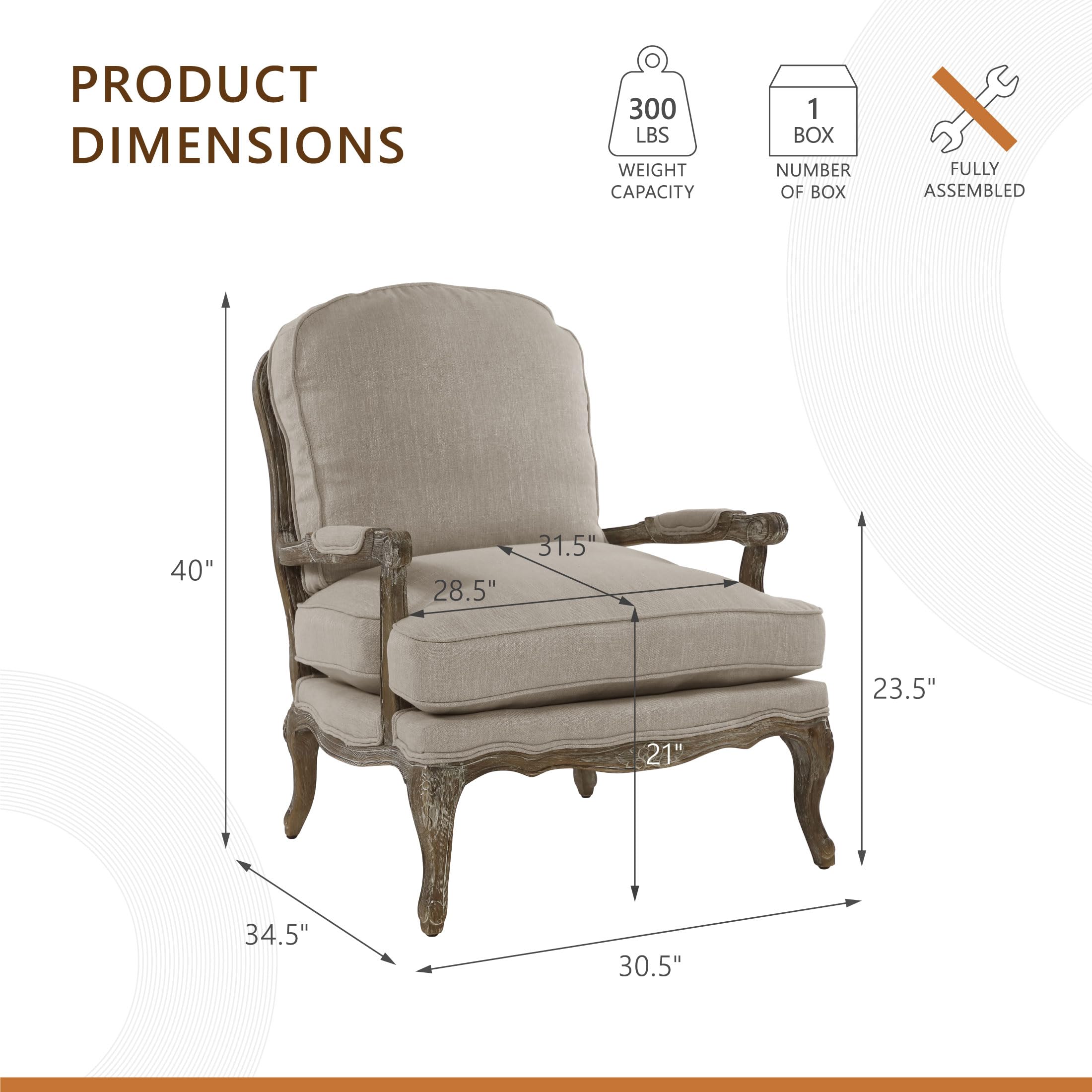 Lexicon Parlier Show Wood Accent Chair - Mid Century Modern Chair for Living Room, Traditional French Country Style, Padded Arms, Reversible Cushion, Solid Wood Frame, Arrives Assembled, Neutral - Image 3