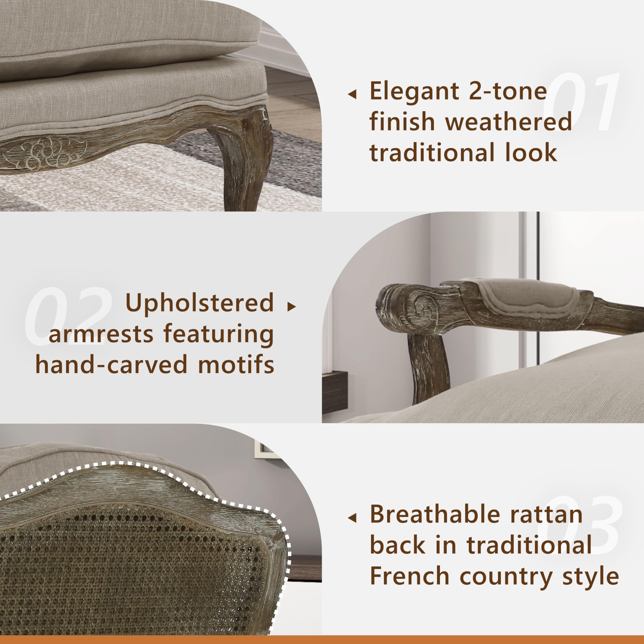 Lexicon Parlier Show Wood Accent Chair - Mid Century Modern Chair for Living Room, Traditional French Country Style, Padded Arms, Reversible Cushion, Solid Wood Frame, Arrives Assembled, Neutral - Image 4