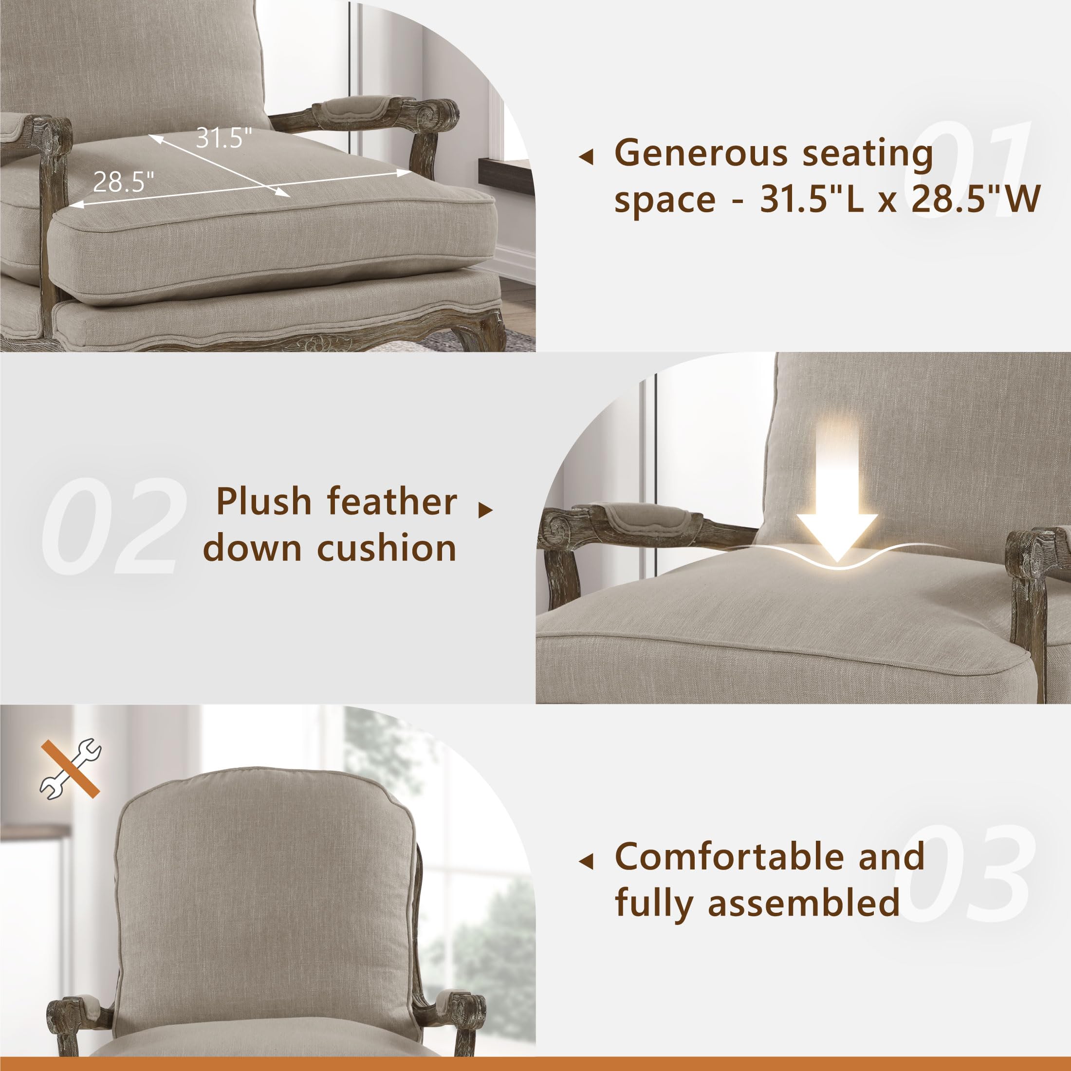 Lexicon Parlier Show Wood Accent Chair - Mid Century Modern Chair for Living Room, Traditional French Country Style, Padded Arms, Reversible Cushion, Solid Wood Frame, Arrives Assembled, Neutral - Image 5