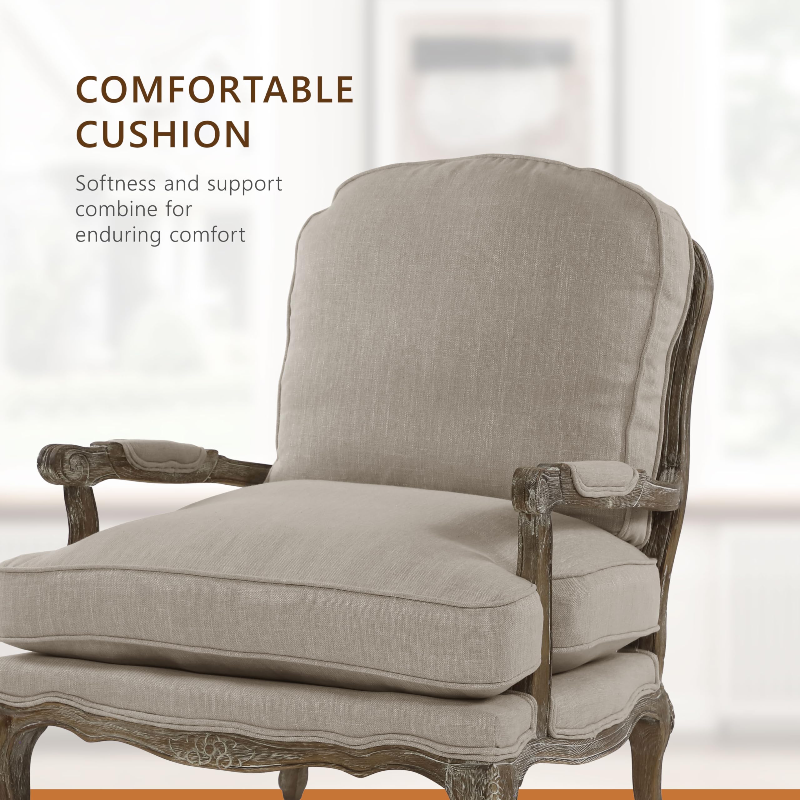 Lexicon Parlier Show Wood Accent Chair - Mid Century Modern Chair for Living Room, Traditional French Country Style, Padded Arms, Reversible Cushion, Solid Wood Frame, Arrives Assembled, Neutral - Image 6