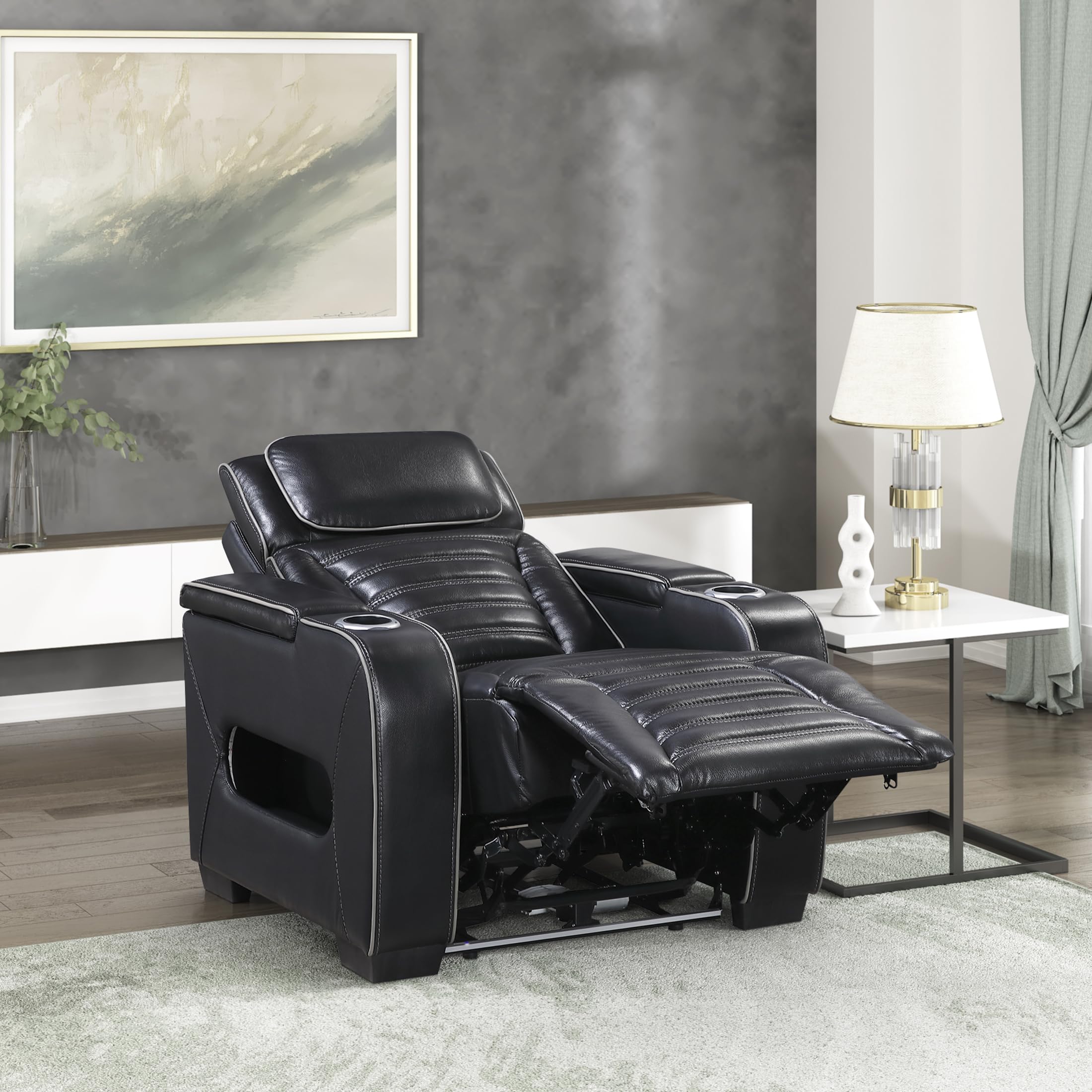 Lexicon Power Recliner Chair-with Heat/Massage/Headrest/Storage Arms/Cup Holders/LED Lights and Charging Ports, Top Grain Leather Match Wall Hugger Power Reclining Chair for Adults, Black - Image 10