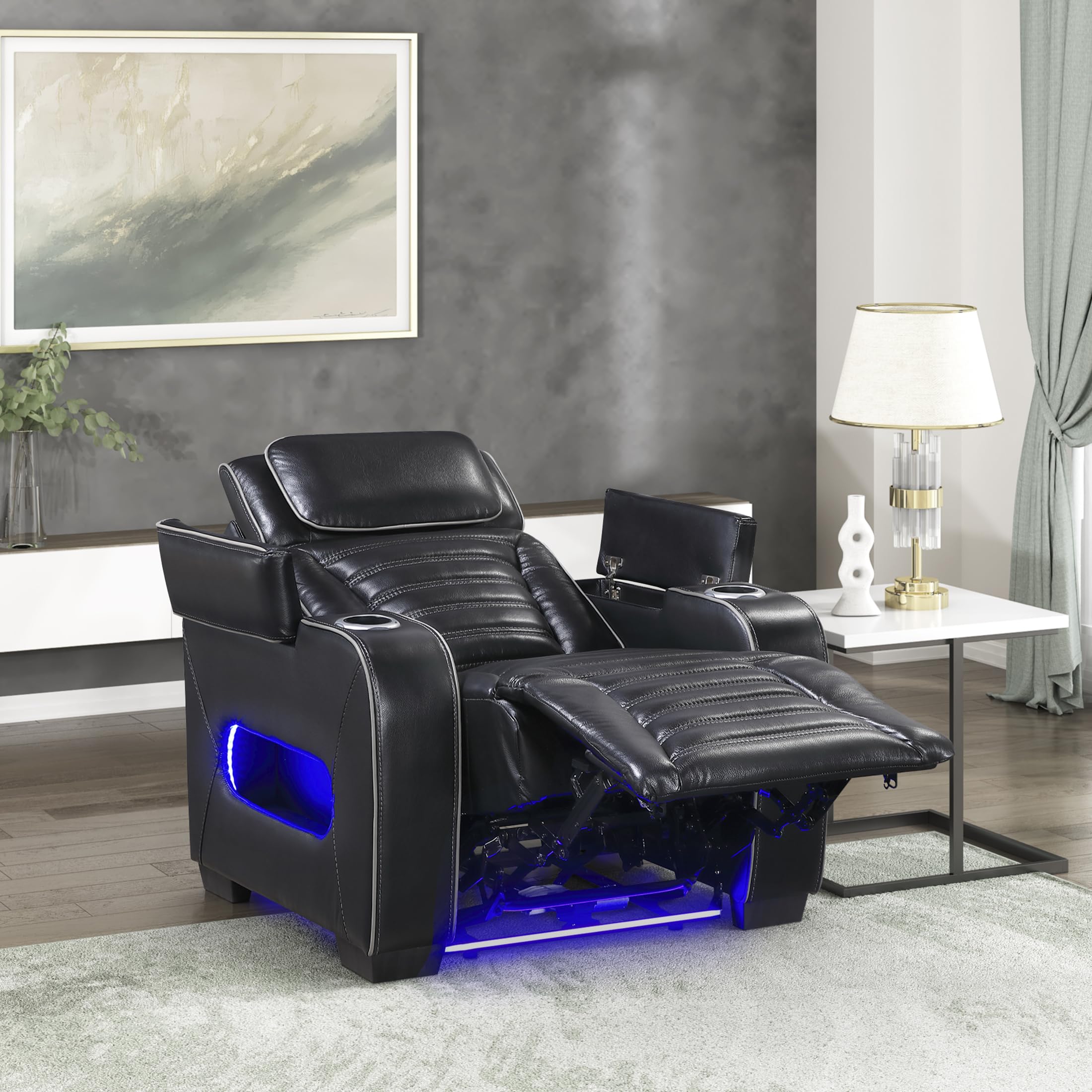 Lexicon Power Recliner Chair-with Heat/Massage/Headrest/Storage Arms/Cup Holders/LED Lights and Charging Ports, Top Grain Leather Match Wall Hugger Power Reclining Chair for Adults, Black - Image 11