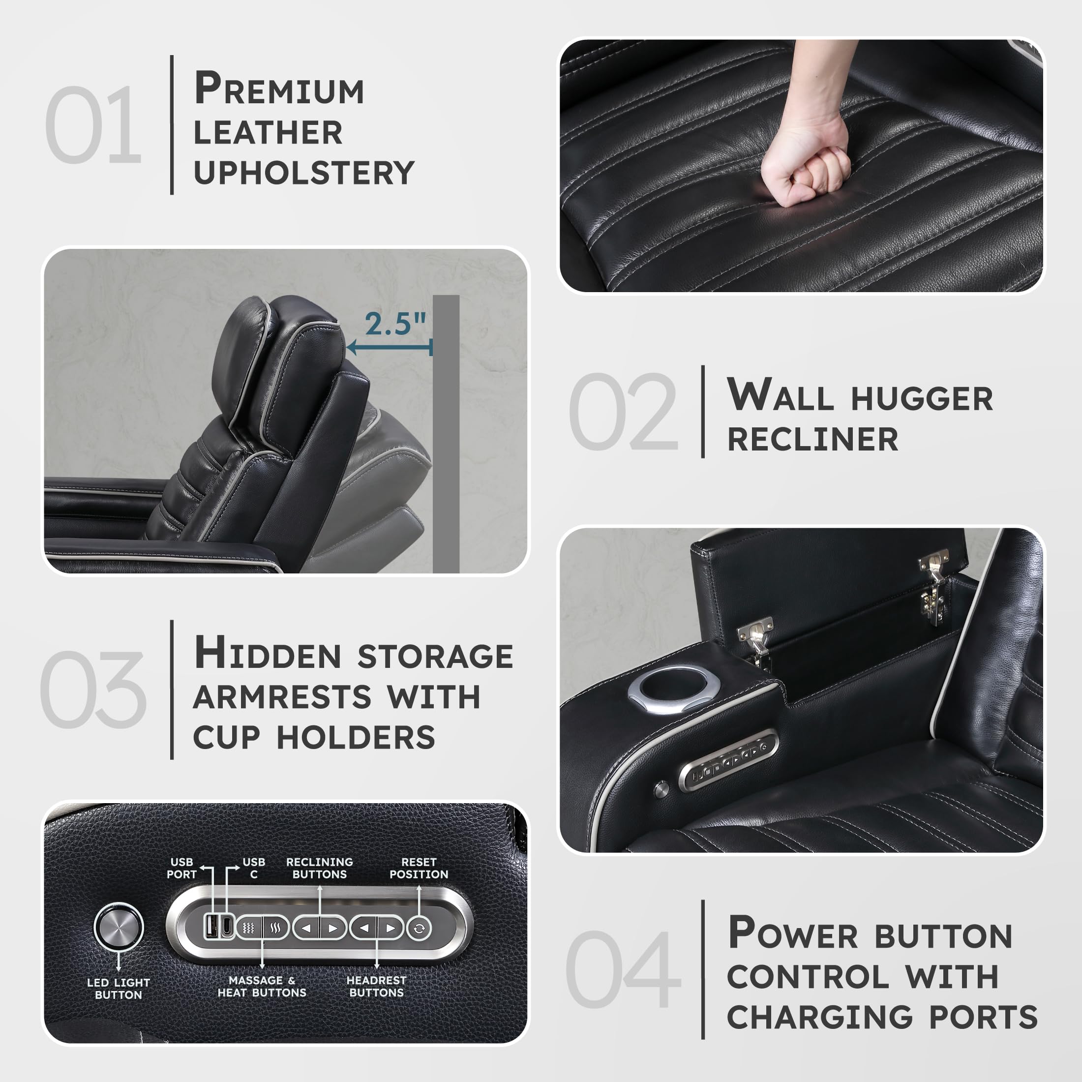Lexicon Power Recliner Chair-with Heat/Massage/Headrest/Storage Arms/Cup Holders/LED Lights and Charging Ports, Top Grain Leather Match Wall Hugger Power Reclining Chair for Adults, Black - Image 3