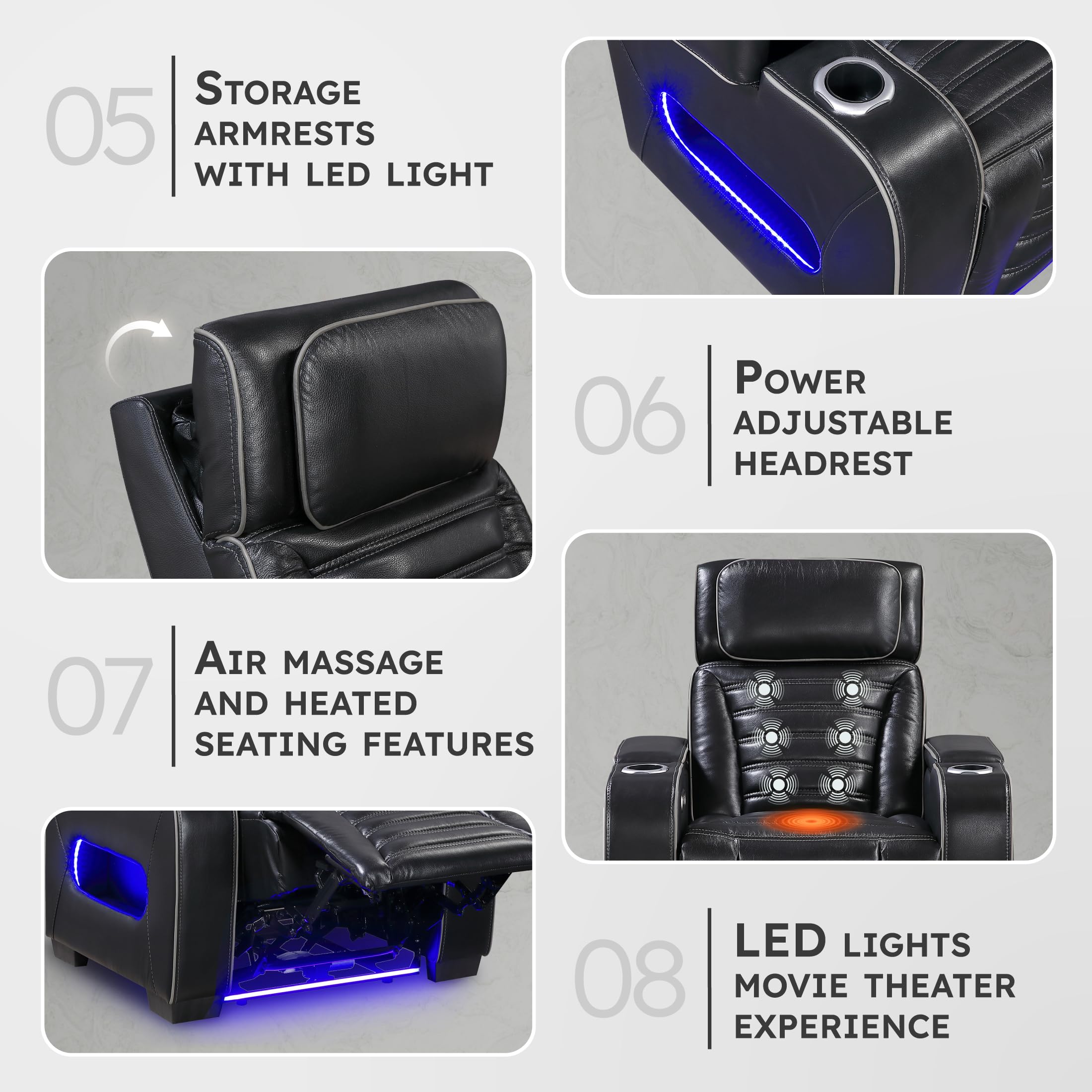 Lexicon Power Recliner Chair-with Heat/Massage/Headrest/Storage Arms/Cup Holders/LED Lights and Charging Ports, Top Grain Leather Match Wall Hugger Power Reclining Chair for Adults, Black - Image 4