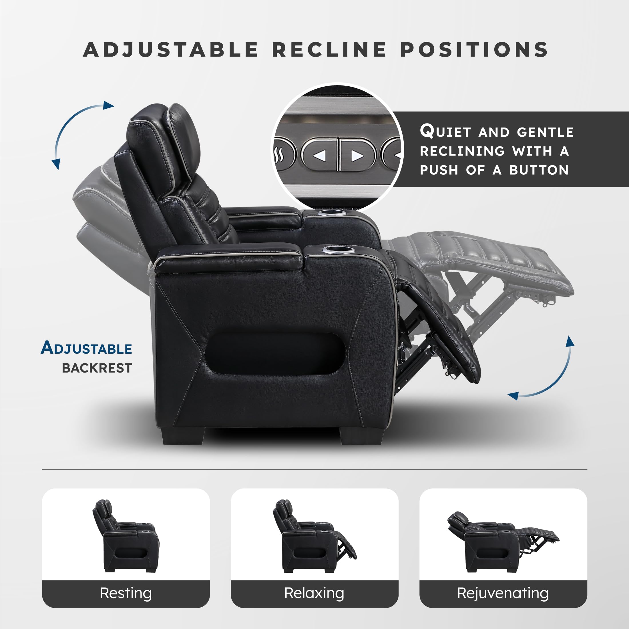 Lexicon Power Recliner Chair-with Heat/Massage/Headrest/Storage Arms/Cup Holders/LED Lights and Charging Ports, Top Grain Leather Match Wall Hugger Power Reclining Chair for Adults, Black - Image 5