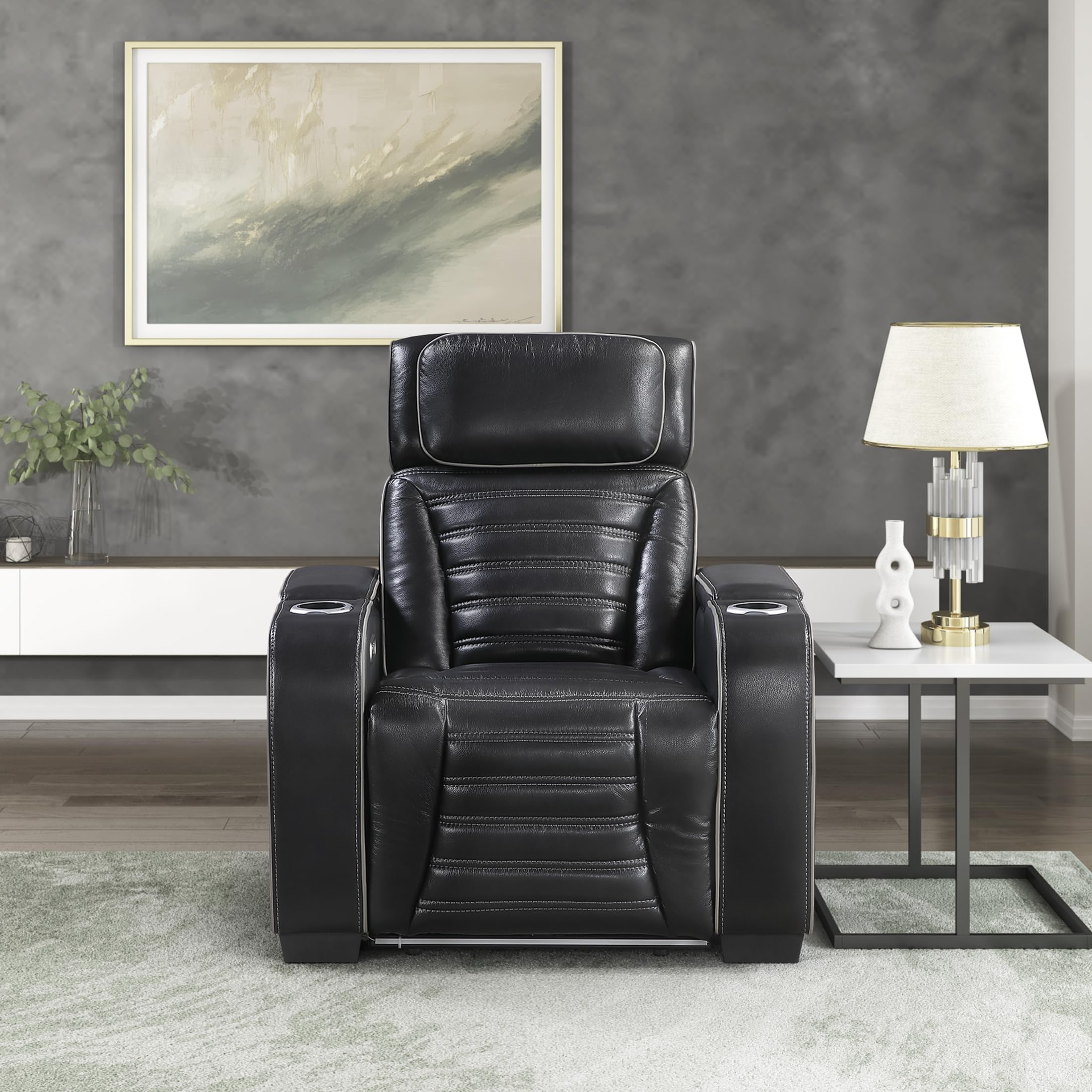 Lexicon Power Recliner Chair-with Heat/Massage/Headrest/Storage Arms/Cup Holders/LED Lights and Charging Ports, Top Grain Leather Match Wall Hugger Power Reclining Chair for Adults, Black - Image 7