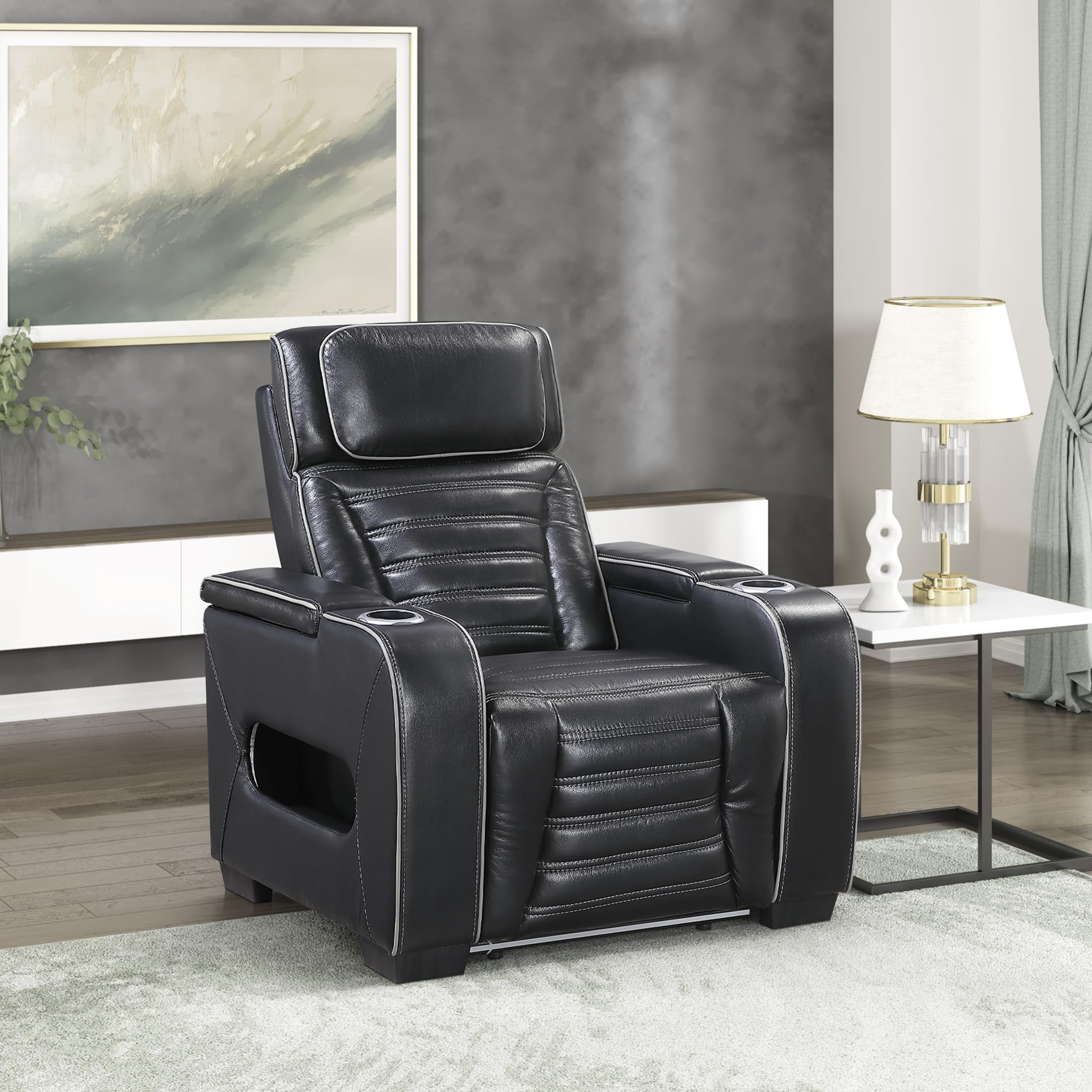 Lexicon Power Recliner Chair-with Heat/Massage/Headrest/Storage Arms/Cup Holders/LED Lights and Charging Ports, Top Grain Leather Match Wall Hugger Power Reclining Chair for Adults, Black - Image 8