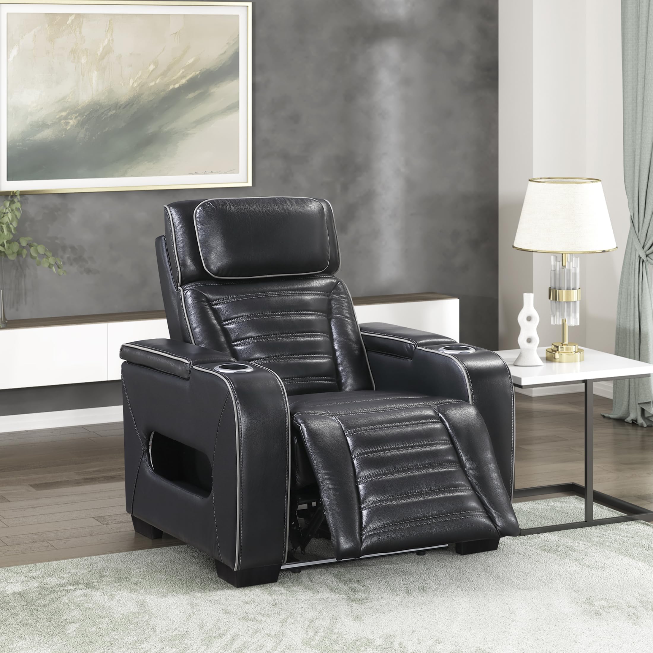 Lexicon Power Recliner Chair-with Heat/Massage/Headrest/Storage Arms/Cup Holders/LED Lights and Charging Ports, Top Grain Leather Match Wall Hugger Power Reclining Chair for Adults, Black - Image 9