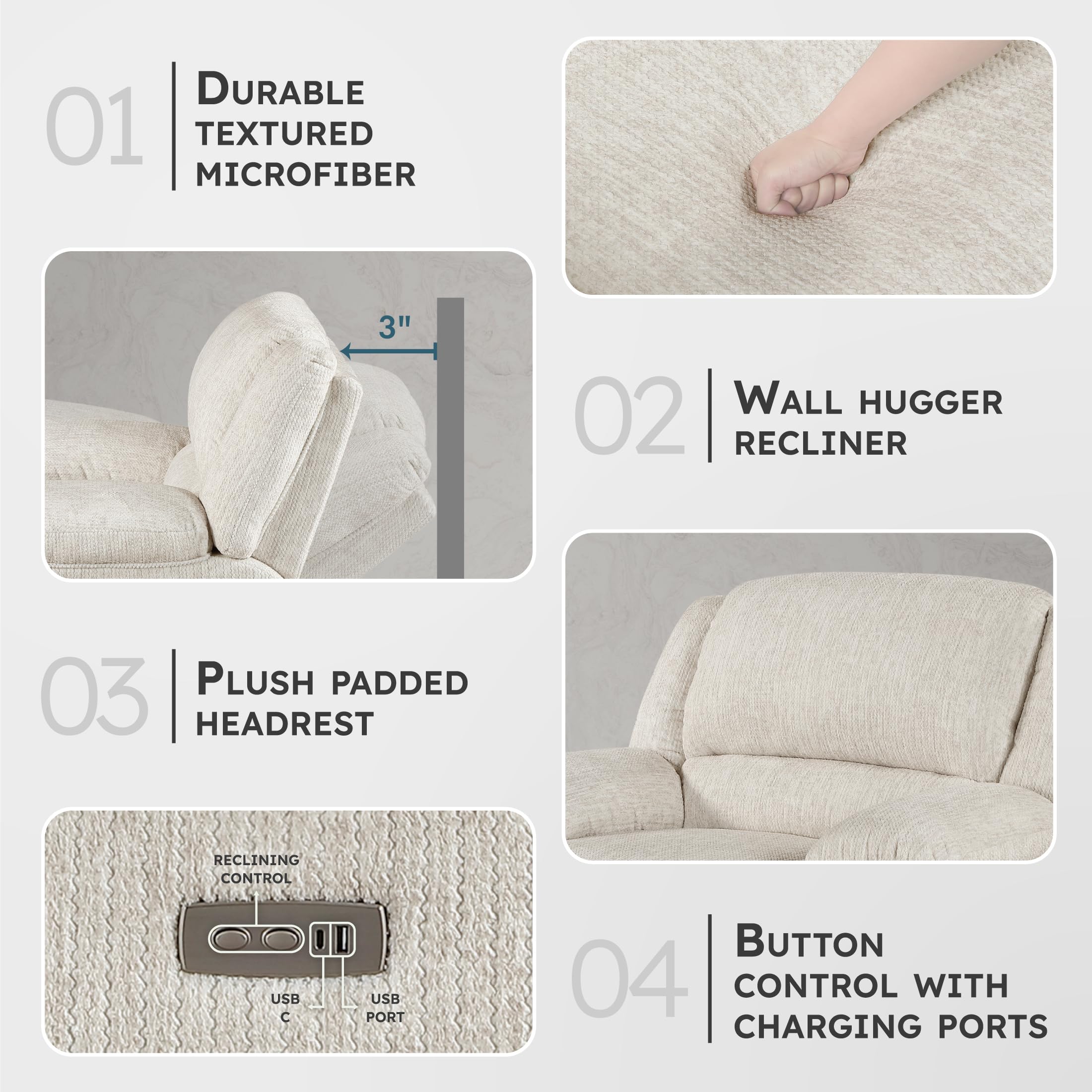 Lexicon Power Reclining Chair-Textured Microfiber Wall Hugger Recliner with Charging Ports, Pillow Top Arms, for Living Room/Theater Seating/Apartment, Easy Assembly, Vanilla Beige - Image 3
