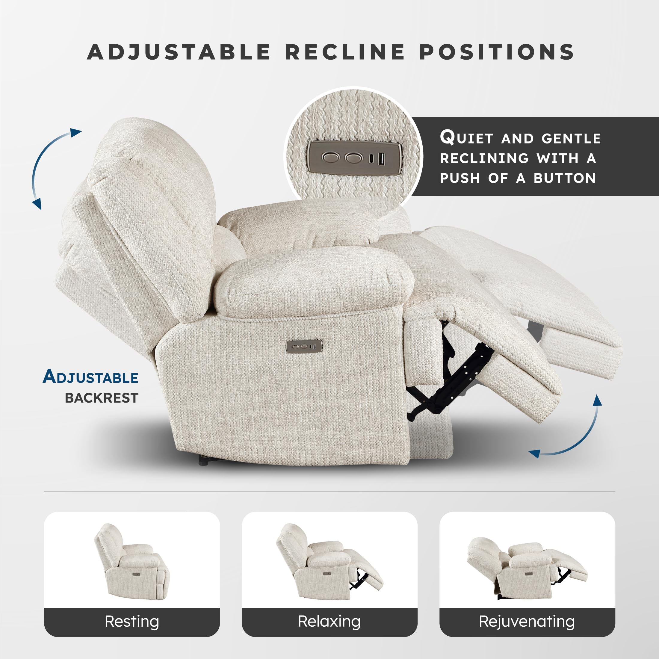 Lexicon Power Reclining Chair-Textured Microfiber Wall Hugger Recliner with Charging Ports, Pillow Top Arms, for Living Room/Theater Seating/Apartment, Easy Assembly, Vanilla Beige - Image 4