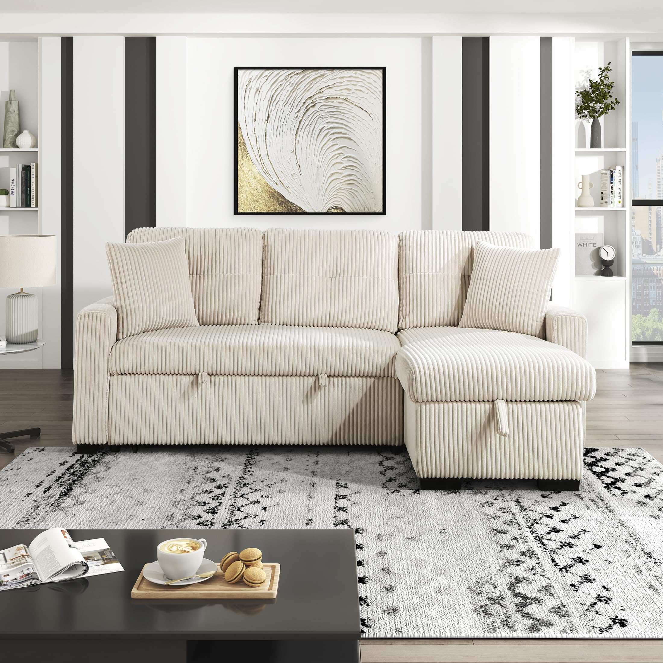 Lexicon Reversible Sectional Couches for Living Room, Corduroy Couch, Convertible L Shaped Sleeper Sectional Sofa with Storage Chaise, Pull Out Sofa Bed, 83.5 inch Sleeper Sofa, Beige - Image 13