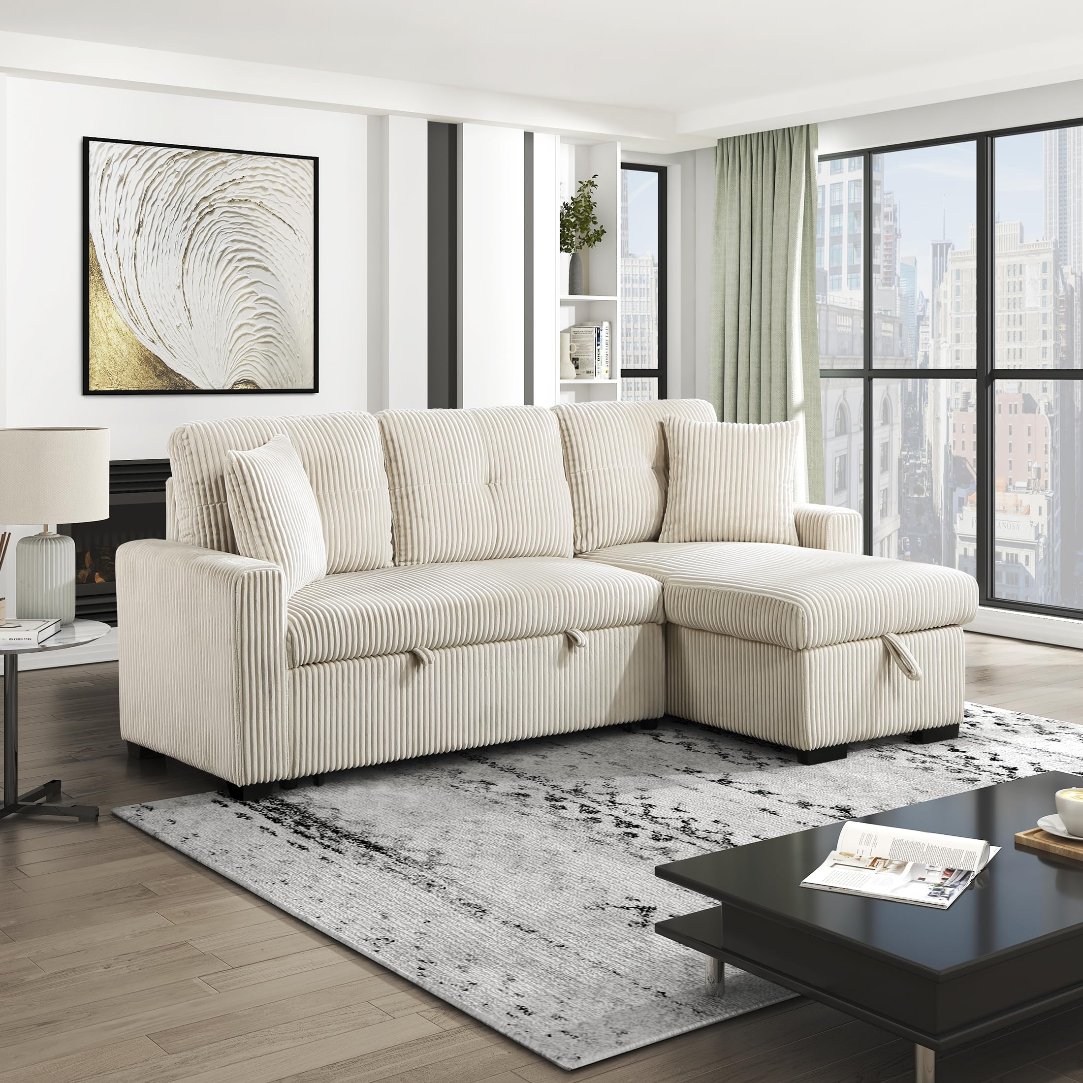 Lexicon Reversible Sectional Couches for Living Room, Corduroy Couch, Convertible L Shaped Sleeper Sectional Sofa with Storage Chaise, Pull Out Sofa Bed, 83.5 inch Sleeper Sofa, Beige - Image 14