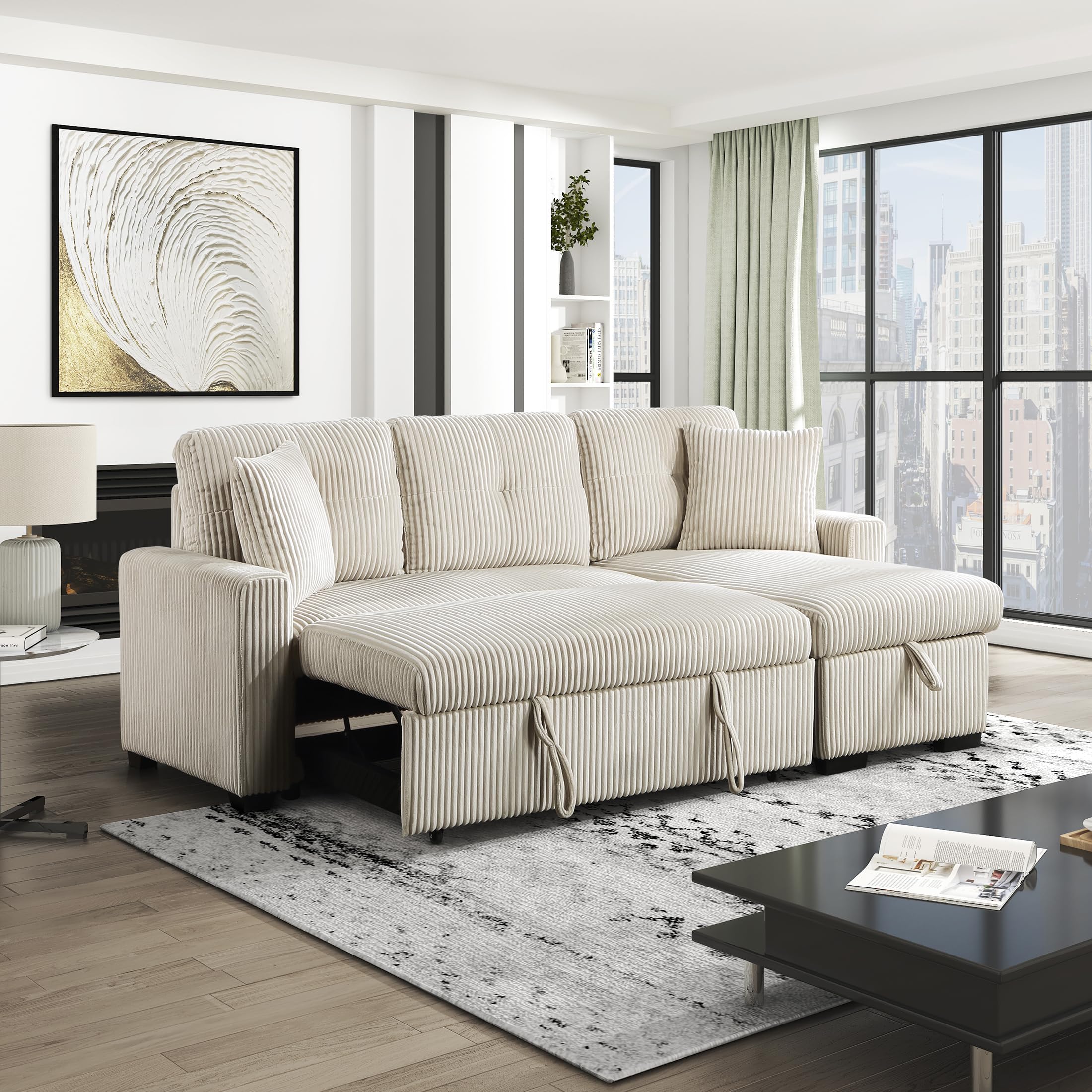 Lexicon Reversible Sectional Couches for Living Room, Corduroy Couch, Convertible L Shaped Sleeper Sectional Sofa with Storage Chaise, Pull Out Sofa Bed, 83.5 inch Sleeper Sofa, Beige - Image 15