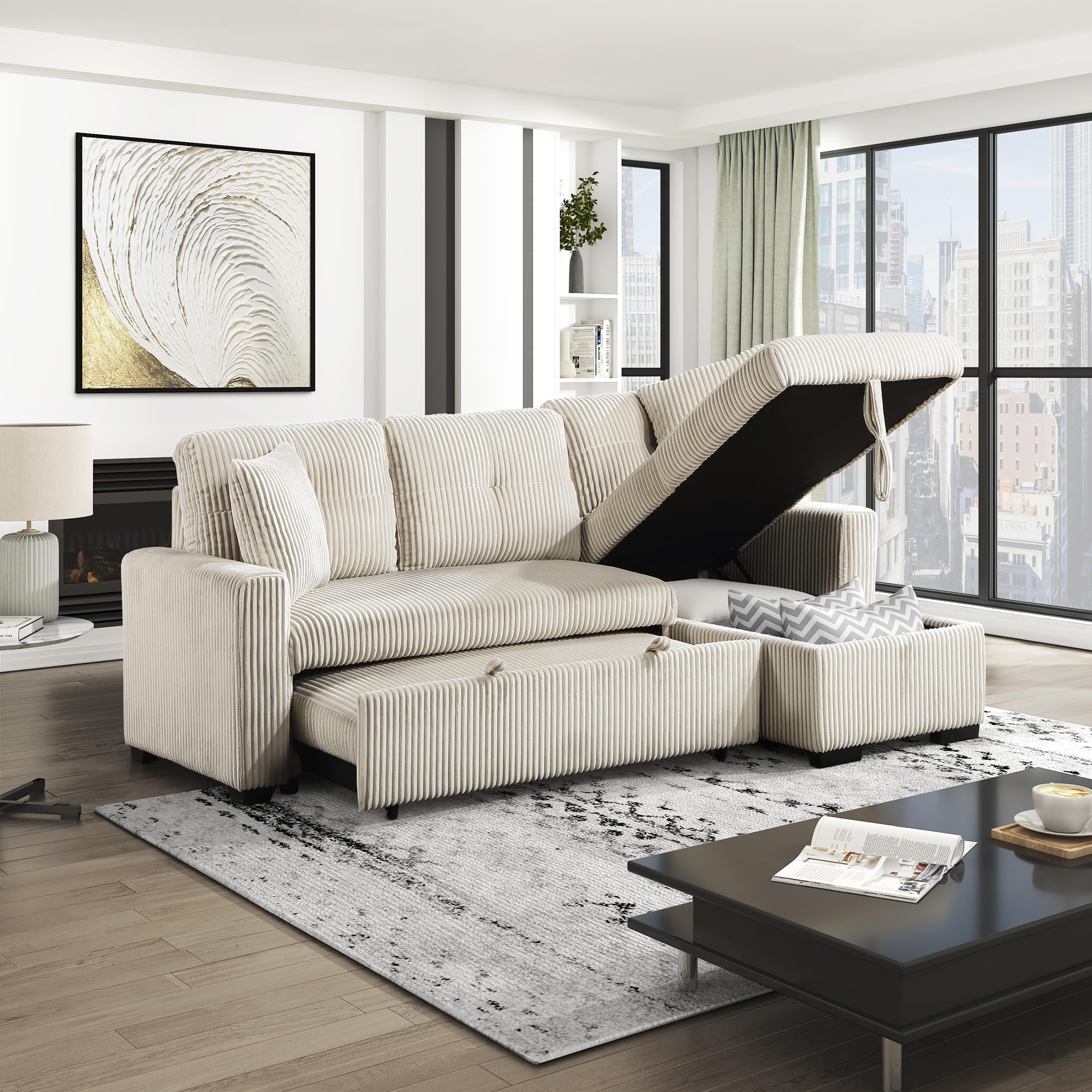 Lexicon Reversible Sectional Couches for Living Room, Corduroy Couch, Convertible L Shaped Sleeper Sectional Sofa with Storage Chaise, Pull Out Sofa Bed, 83.5 inch Sleeper Sofa, Beige - Image 16