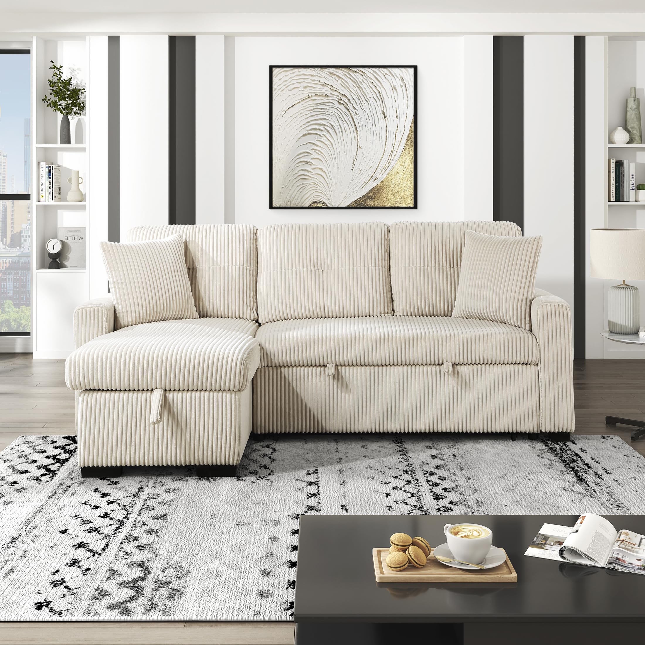 Lexicon Reversible Sectional Couches for Living Room, Corduroy Couch, Convertible L Shaped Sleeper Sectional Sofa with Storage Chaise, Pull Out Sofa Bed, 83.5 inch Sleeper Sofa, Beige - Image 17