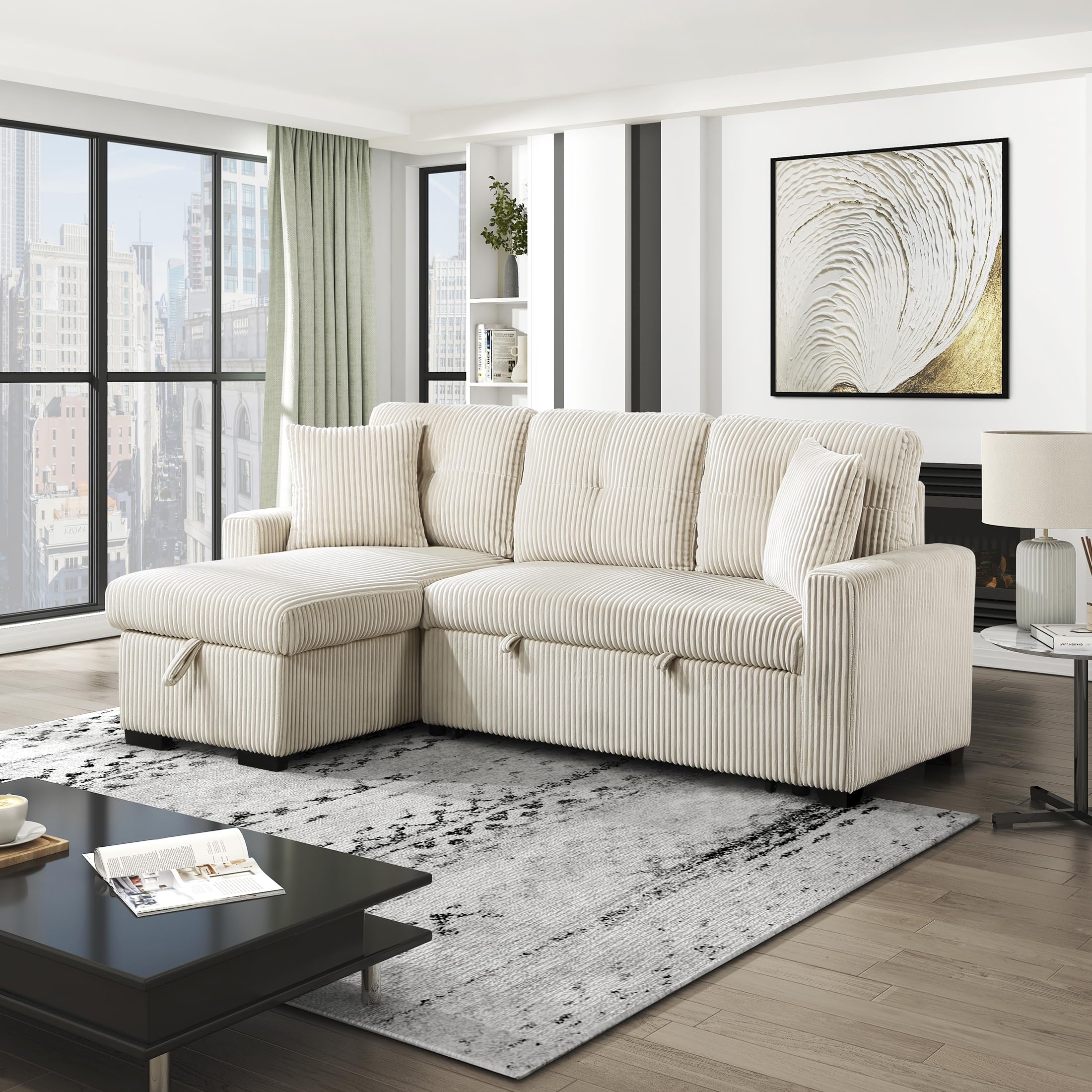 Lexicon Reversible Sectional Couches for Living Room, Corduroy Couch, Convertible L Shaped Sleeper Sectional Sofa with Storage Chaise, Pull Out Sofa Bed, 83.5 inch Sleeper Sofa, Beige - Image 18