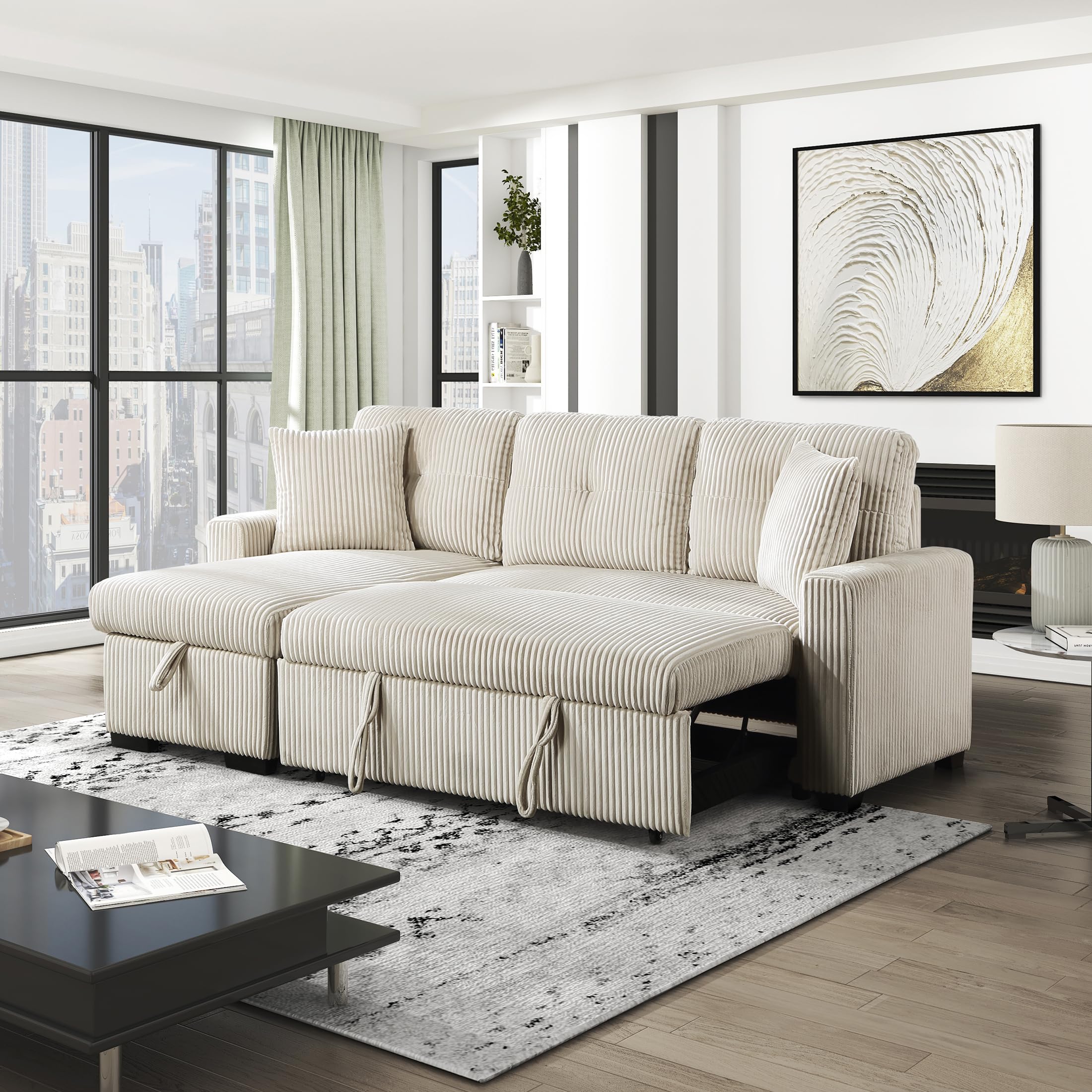 Lexicon Reversible Sectional Couches for Living Room, Corduroy Couch, Convertible L Shaped Sleeper Sectional Sofa with Storage Chaise, Pull Out Sofa Bed, 83.5 inch Sleeper Sofa, Beige - Image 19