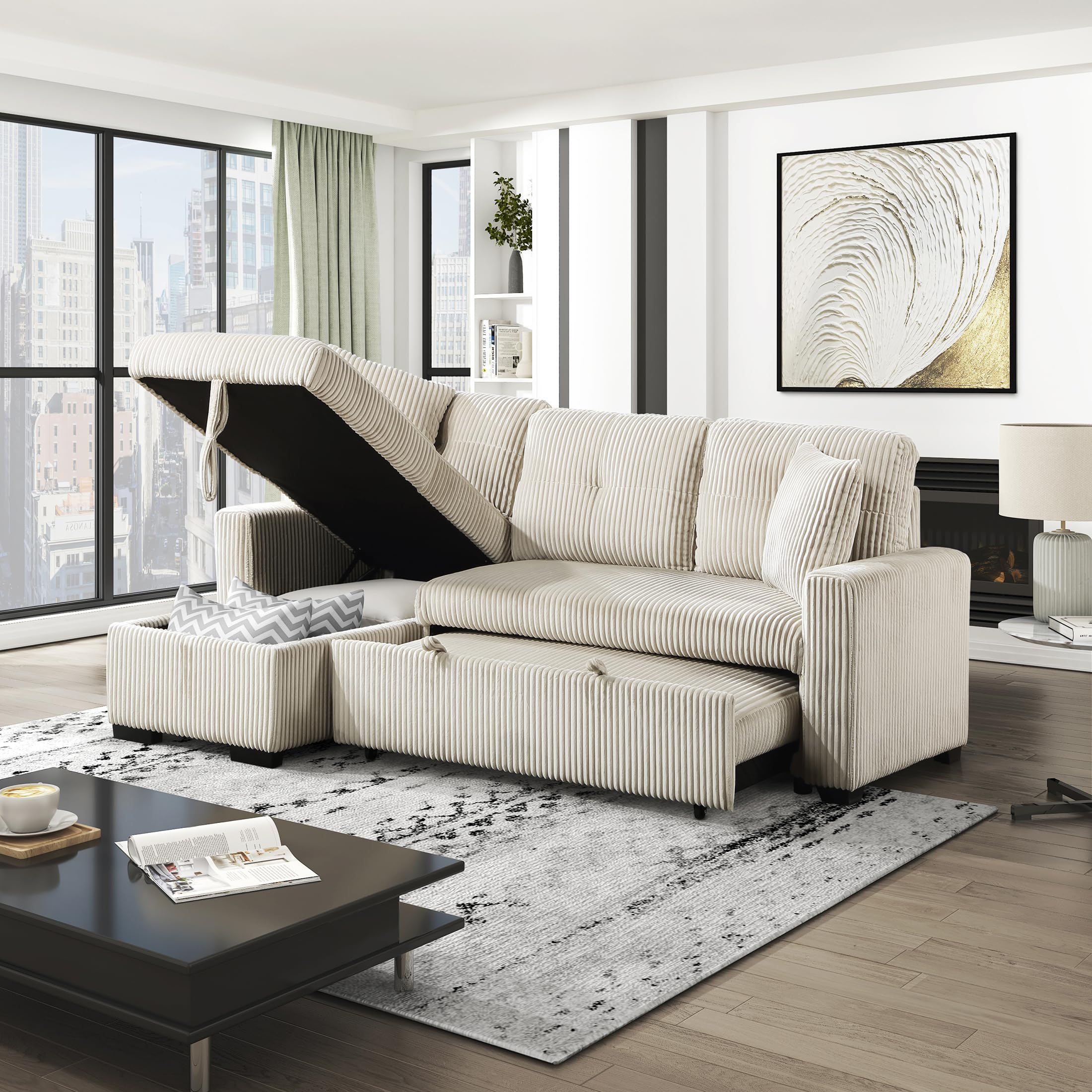 Lexicon Reversible Sectional Couches for Living Room, Corduroy Couch, Convertible L Shaped Sleeper Sectional Sofa with Storage Chaise, Pull Out Sofa Bed, 83.5 inch Sleeper Sofa, Beige - Image 20