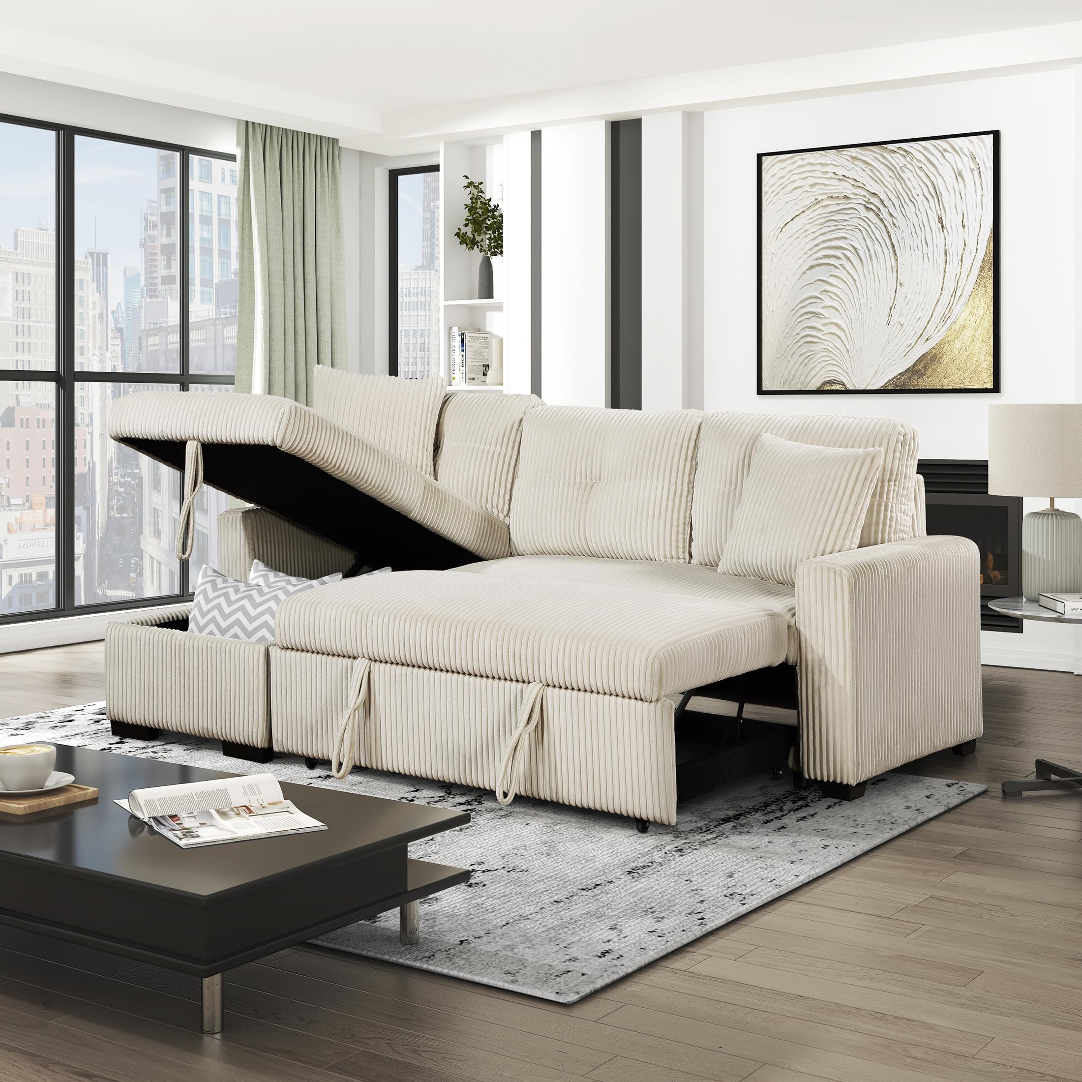 Lexicon Reversible Sectional Couches for Living Room, Corduroy Couch, Convertible L Shaped Sleeper Sectional Sofa with Storage Chaise, Pull Out Sofa Bed, 83.5 inch Sleeper Sofa, Beige - Image 21