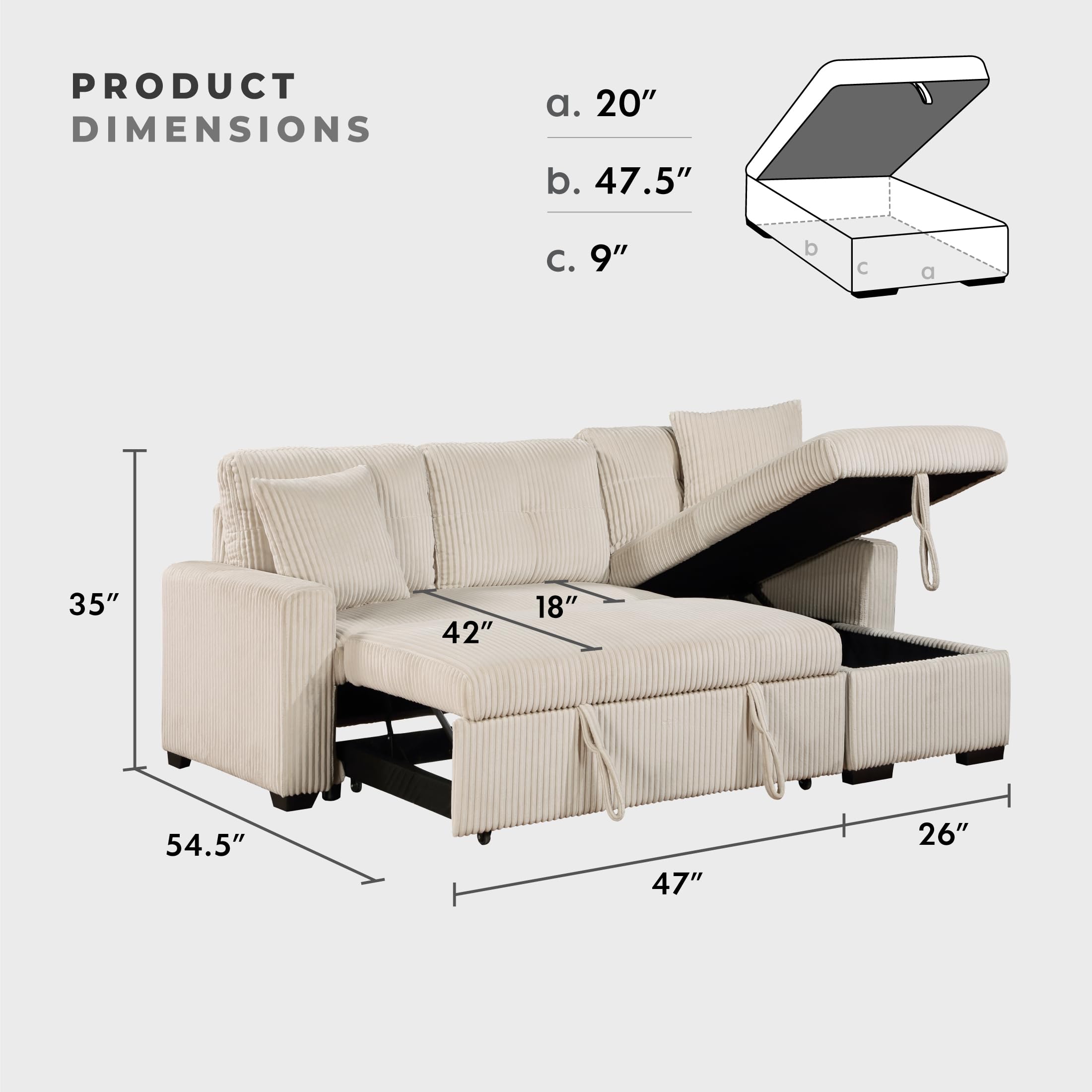 Lexicon Reversible Sectional Couches for Living Room, Corduroy Couch, Convertible L Shaped Sleeper Sectional Sofa with Storage Chaise, Pull Out Sofa Bed, 83.5 inch Sleeper Sofa, Beige - Image 3