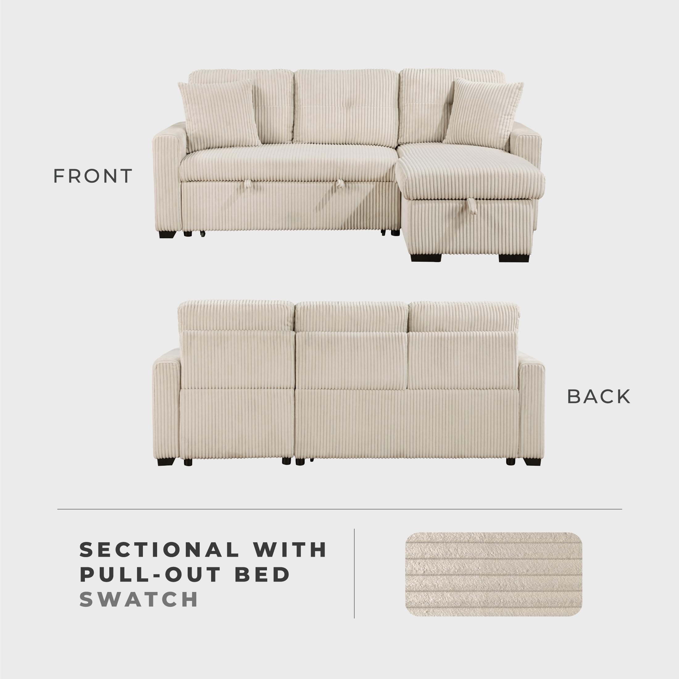 Lexicon Reversible Sectional Couches for Living Room, Corduroy Couch, Convertible L Shaped Sleeper Sectional Sofa with Storage Chaise, Pull Out Sofa Bed, 83.5 inch Sleeper Sofa, Beige - Image 4