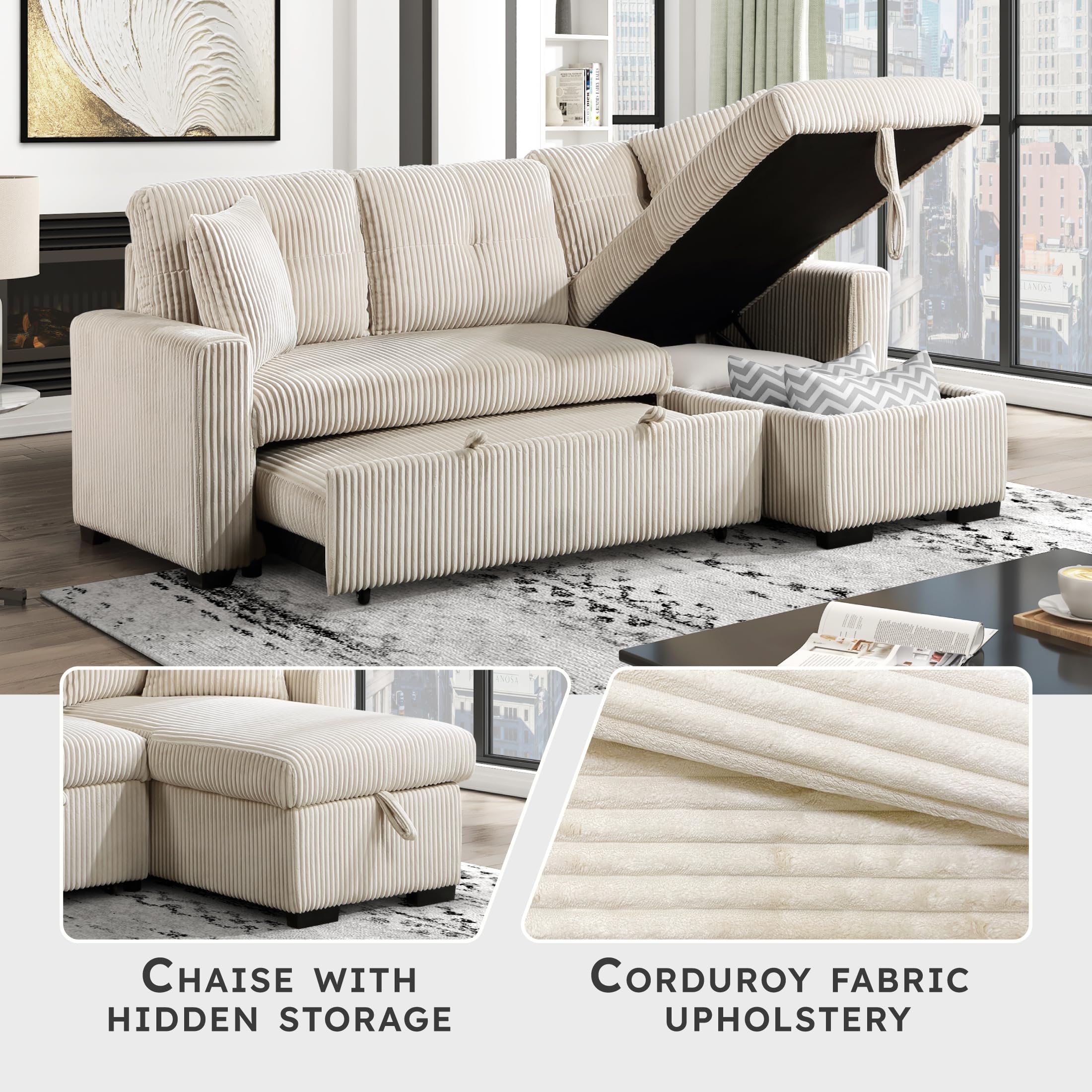 Lexicon Reversible Sectional Couches for Living Room, Corduroy Couch, Convertible L Shaped Sleeper Sectional Sofa with Storage Chaise, Pull Out Sofa Bed, 83.5 inch Sleeper Sofa, Beige - Image 5