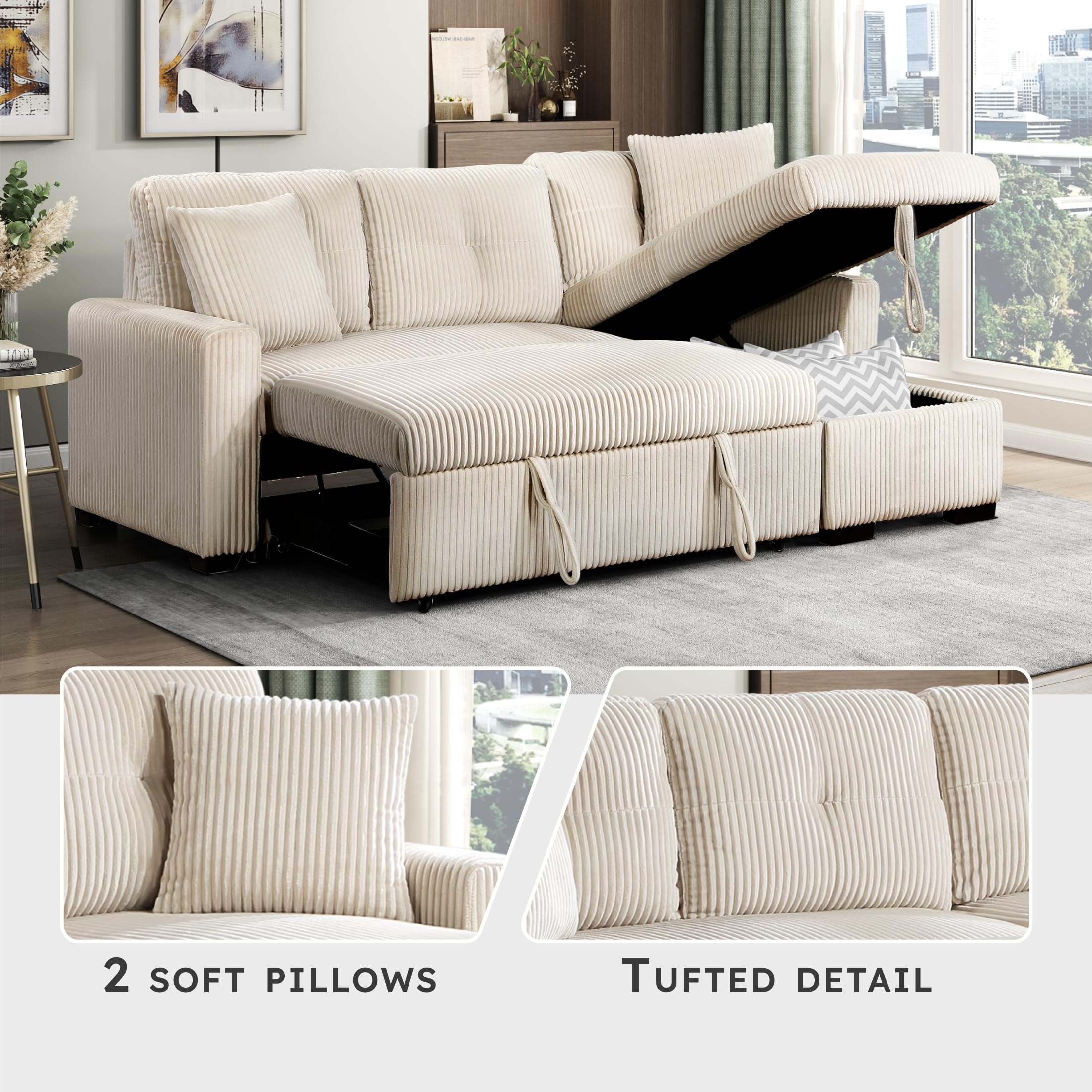 Lexicon Reversible Sectional Couches for Living Room, Corduroy Couch, Convertible L Shaped Sleeper Sectional Sofa with Storage Chaise, Pull Out Sofa Bed, 83.5 inch Sleeper Sofa, Beige - Image 6