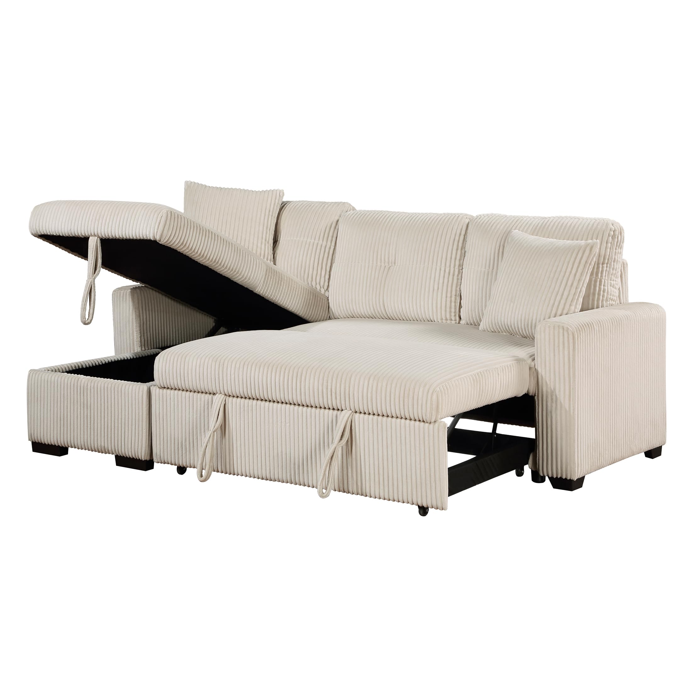 Lexicon Reversible Sectional Couches for Living Room, Corduroy Couch, Convertible L Shaped Sleeper Sectional Sofa with Storage Chaise, Pull Out Sofa Bed, 83.5 inch Sleeper Sofa, Beige - Image 9