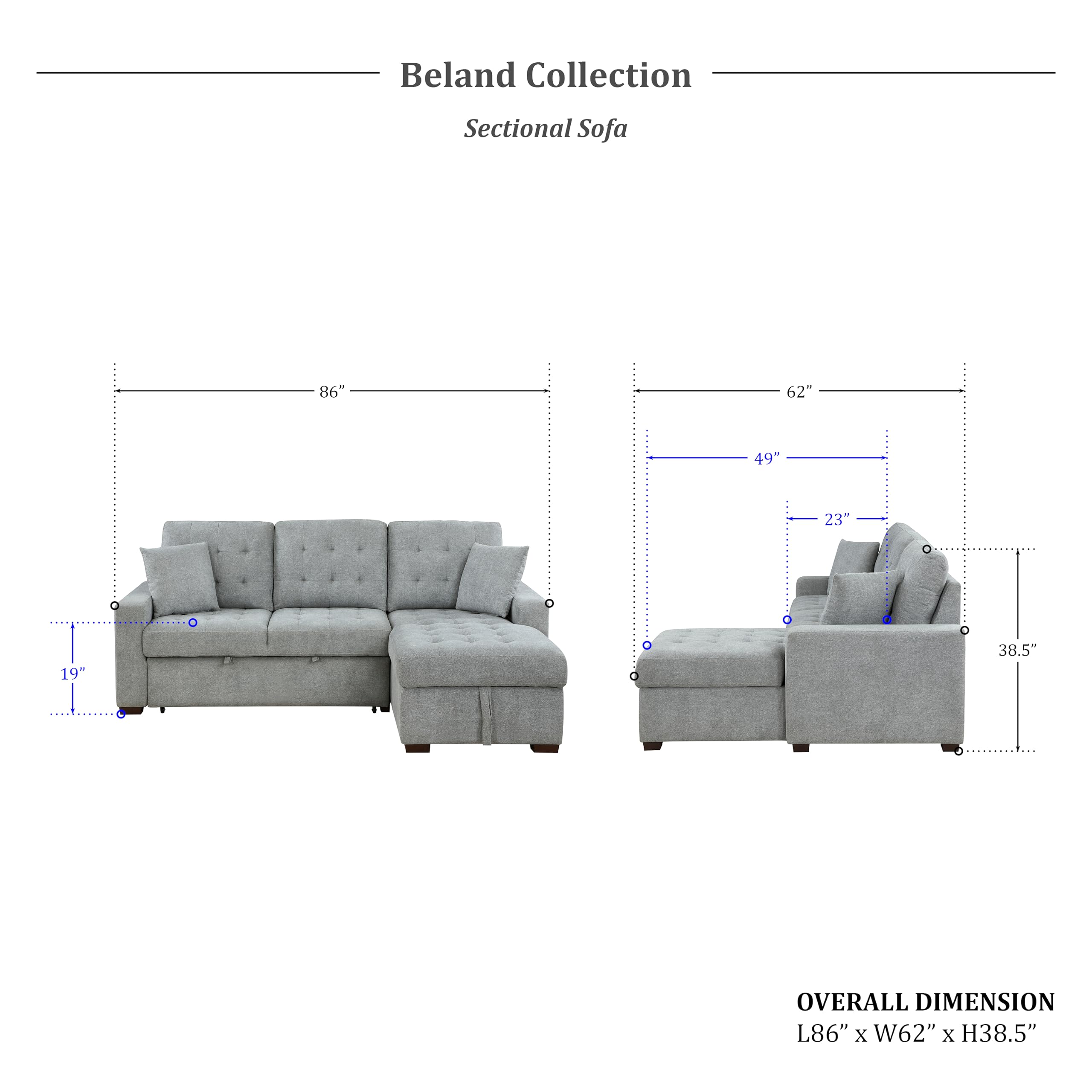 Lexicon Sectional Couches for Living Room, 83.5 inch Sleeper Sofa, L Shape Sectional Couch with Right Storage Chaise and Pull Out Sofa Bed, Grey - Image 3