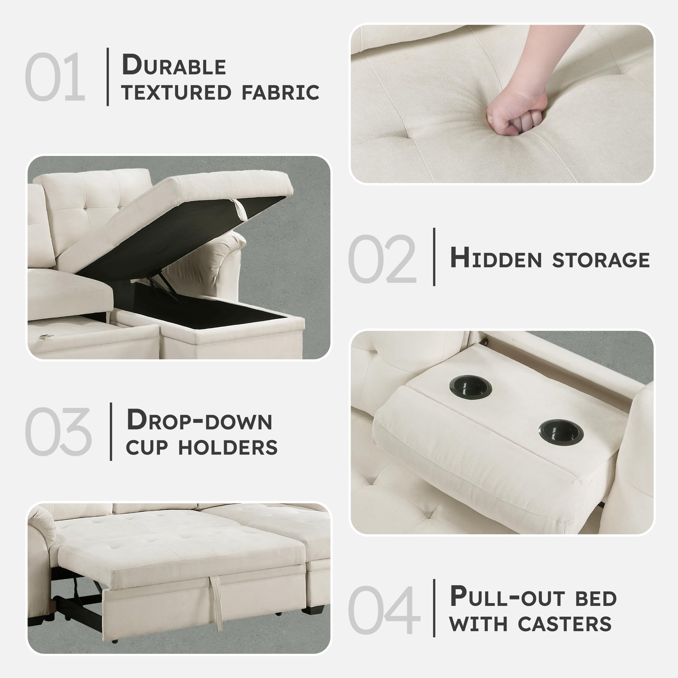 Lexicon Sectional Sleeper Sofa with Reversible Storage Chaise, Pull-Out Bed, Drop-Down Cup Holders, 3-Seater Tufted L-Shaped Sofa Bed, Comfy Fabric Pull Out Couch for Living Room/Apartment, Beige - Image 3