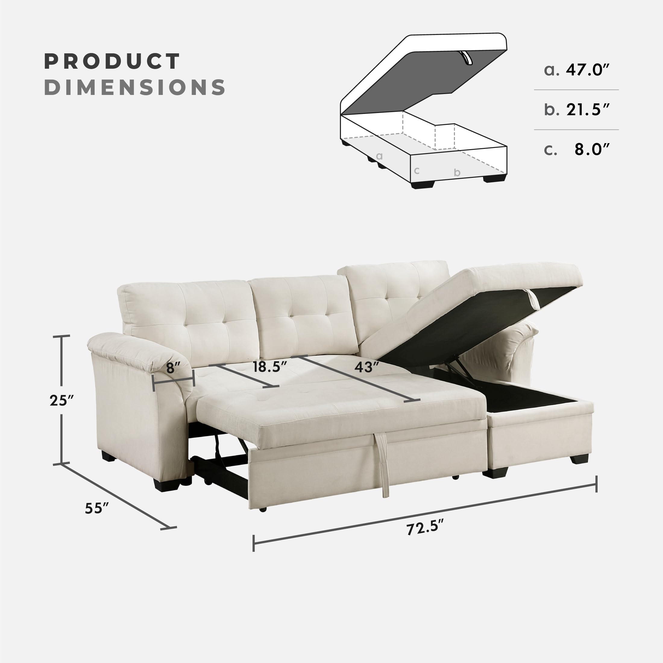Lexicon Sectional Sleeper Sofa with Reversible Storage Chaise, Pull-Out Bed, Drop-Down Cup Holders, 3-Seater Tufted L-Shaped Sofa Bed, Comfy Fabric Pull Out Couch for Living Room/Apartment, Beige - Image 4