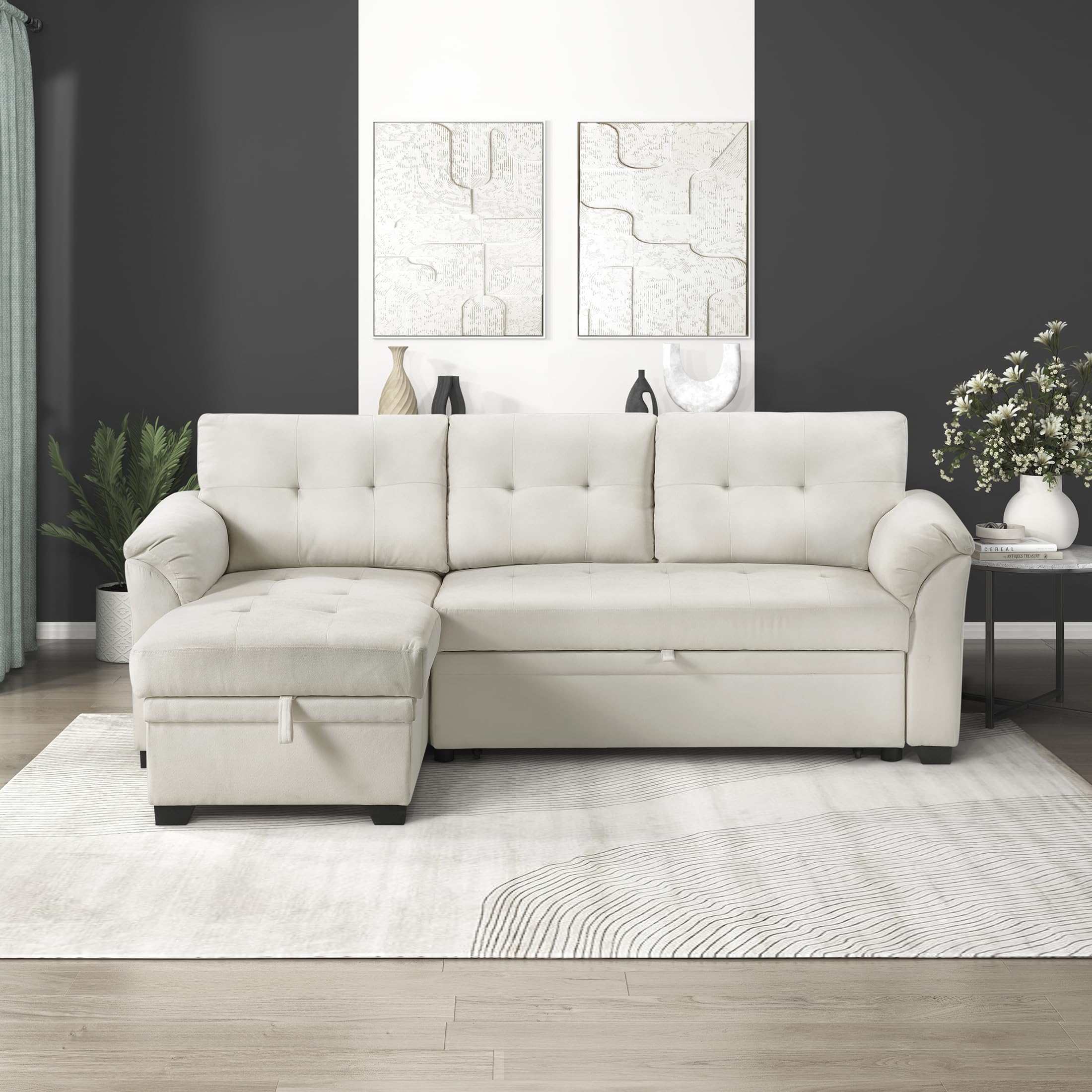 Lexicon Sectional Sleeper Sofa with Reversible Storage Chaise, Pull-Out Bed, Drop-Down Cup Holders, 3-Seater Tufted L-Shaped Sofa Bed, Comfy Fabric Pull Out Couch for Living Room/Apartment, Beige - Image 6